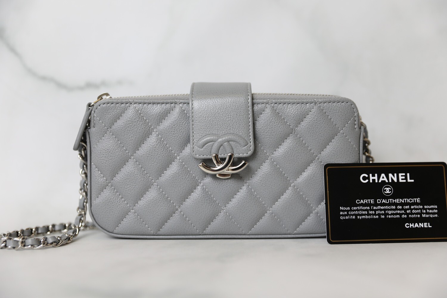 Chanel Clutch on Chain, Grey Calfskin with Silver Hardware, Preowned in Box WA001