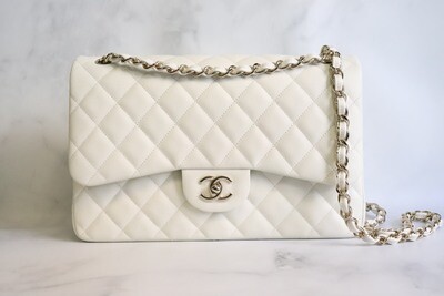 Chanel Classic Jumbo Double Flap, White Caviar Leather, Gold Hardware, As New in Box