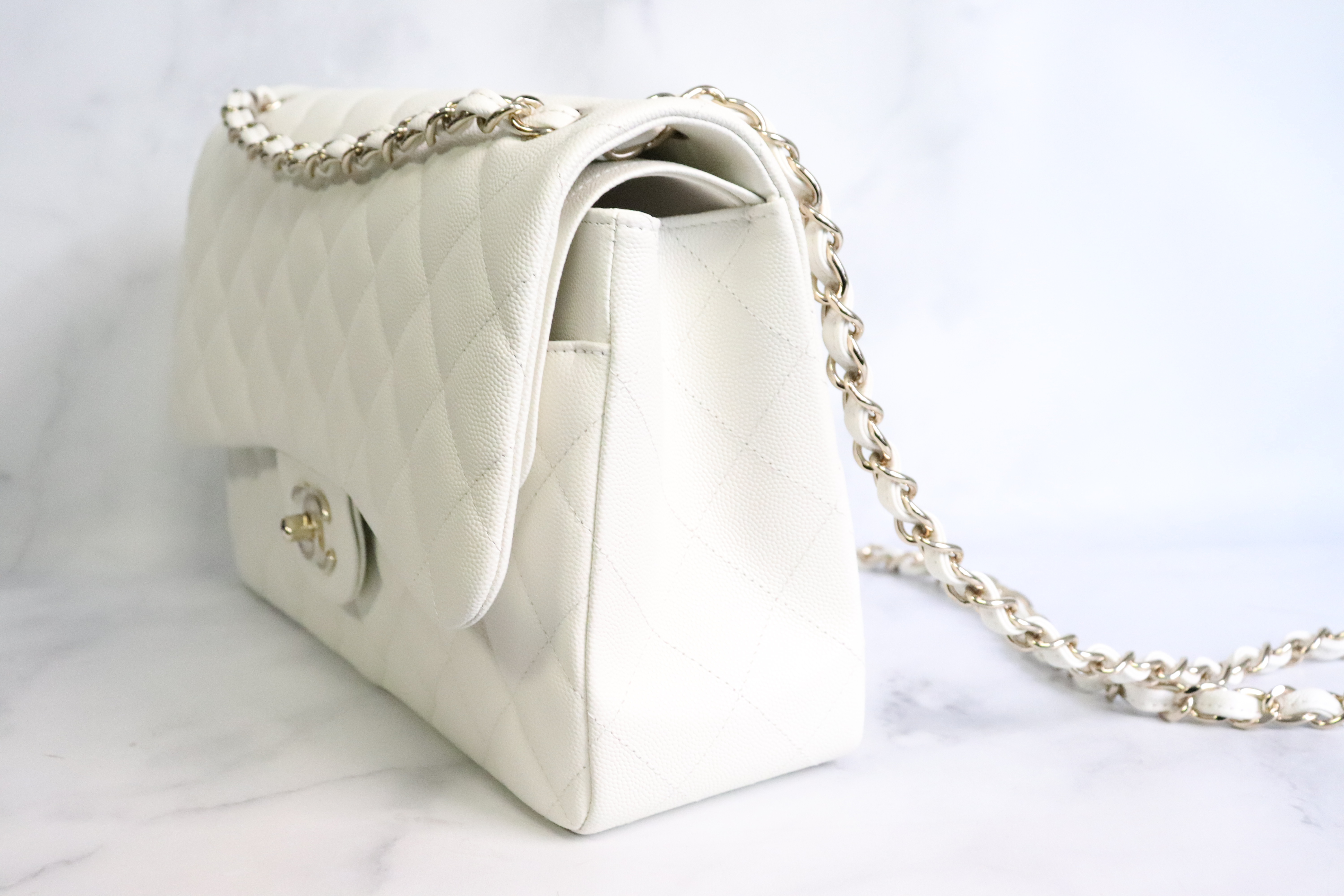 Chanel Classic Jumbo Double Flap, White Caviar Leather, Gold