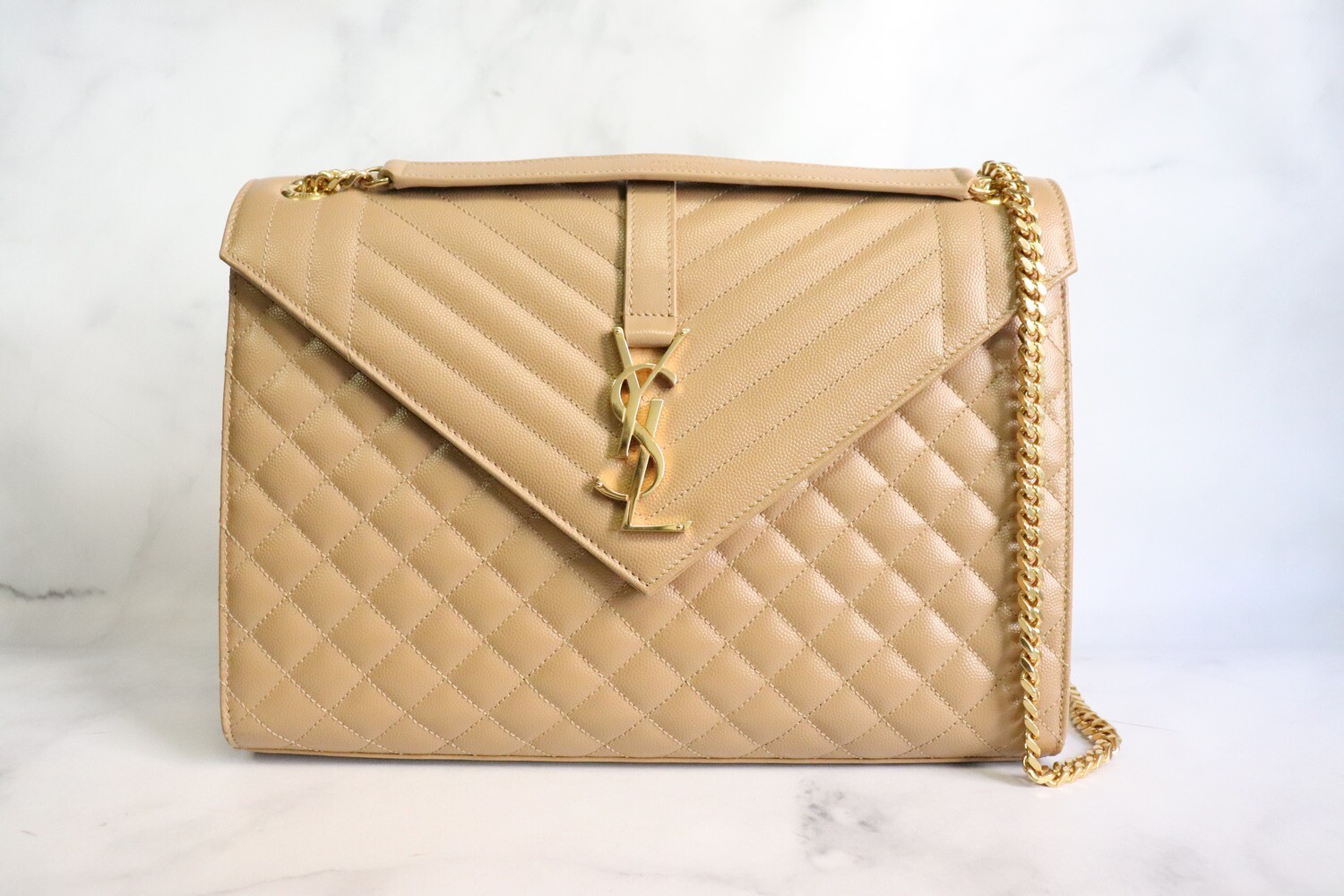 Saint Laurent Envelope Beige Pebbled Leather, Gold Hardware, Preowned in Dustbag