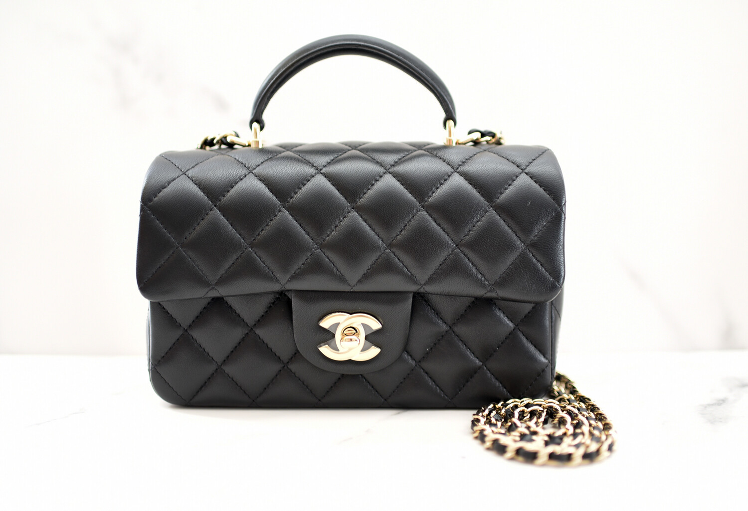 Chanel Black Quilted Lambskin Top Handle Mini Flap Bag Pale Gold