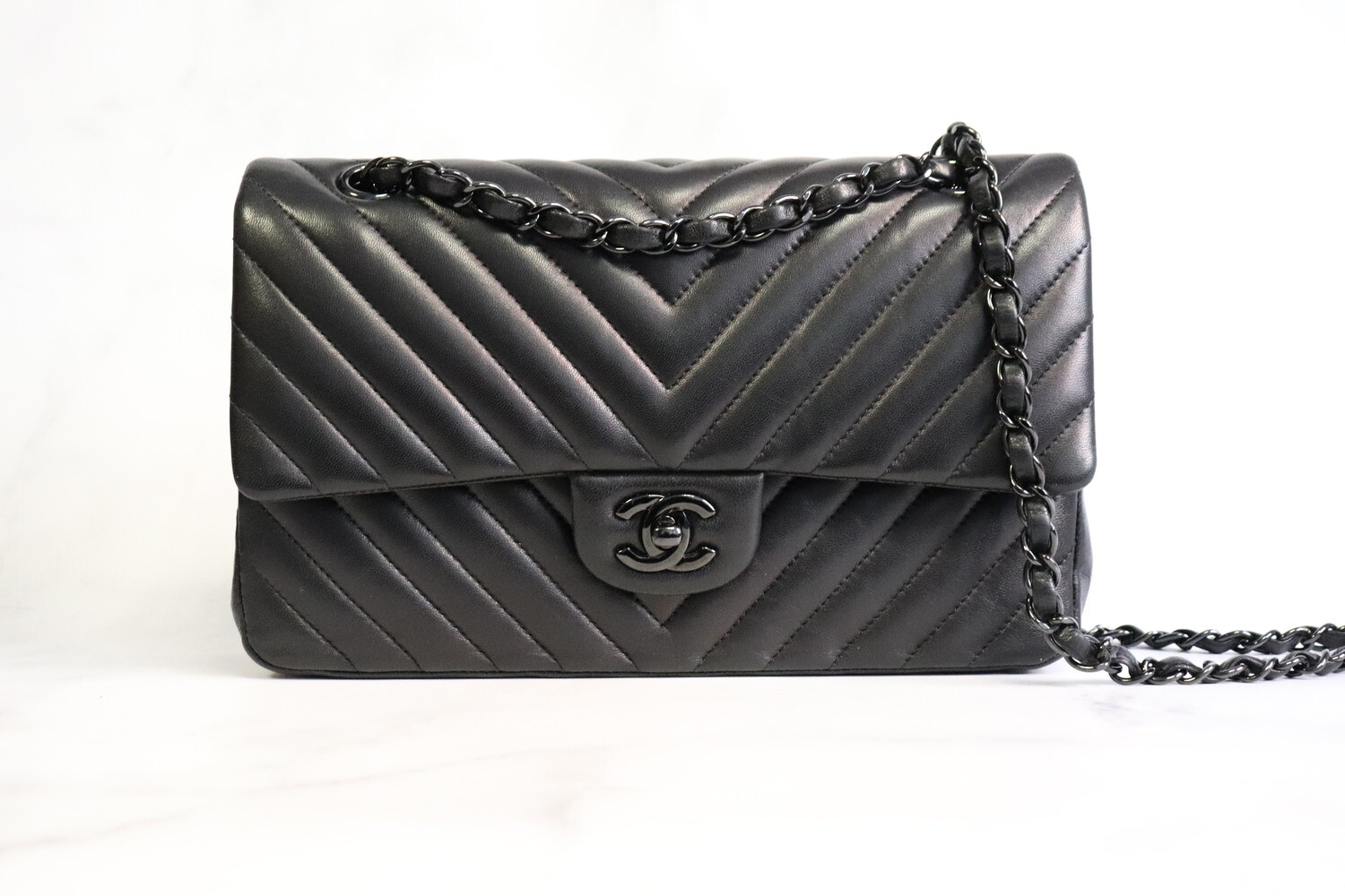 Chanel Classic Medium Double Flap, Black Lambskin Chevron Leather, So Black Hardware, Preowned in Box