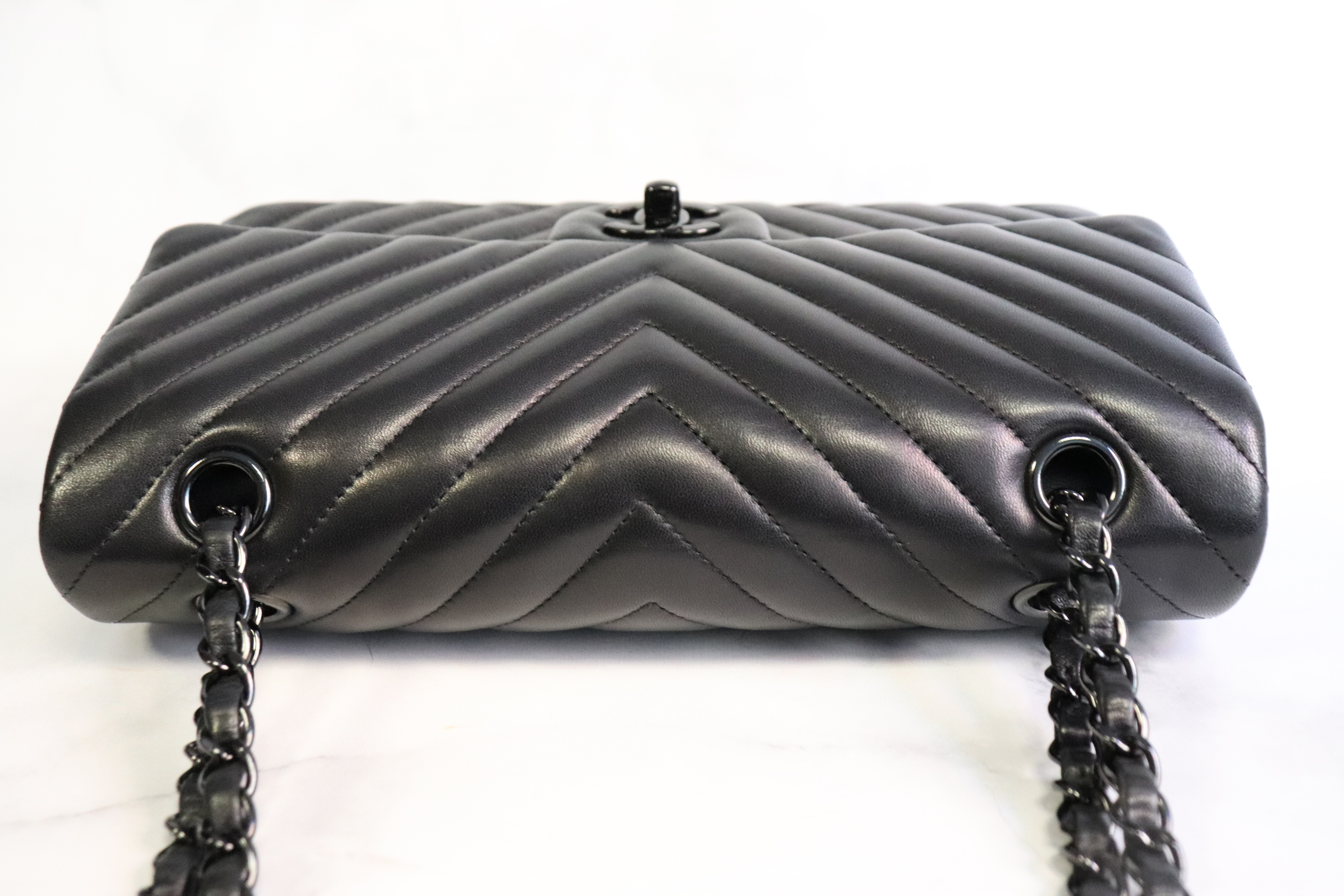 Chanel Classic Medium Double Flap, Black Lambskin Chevron Leather, So Black  Hardware, Preowned in Dustbag