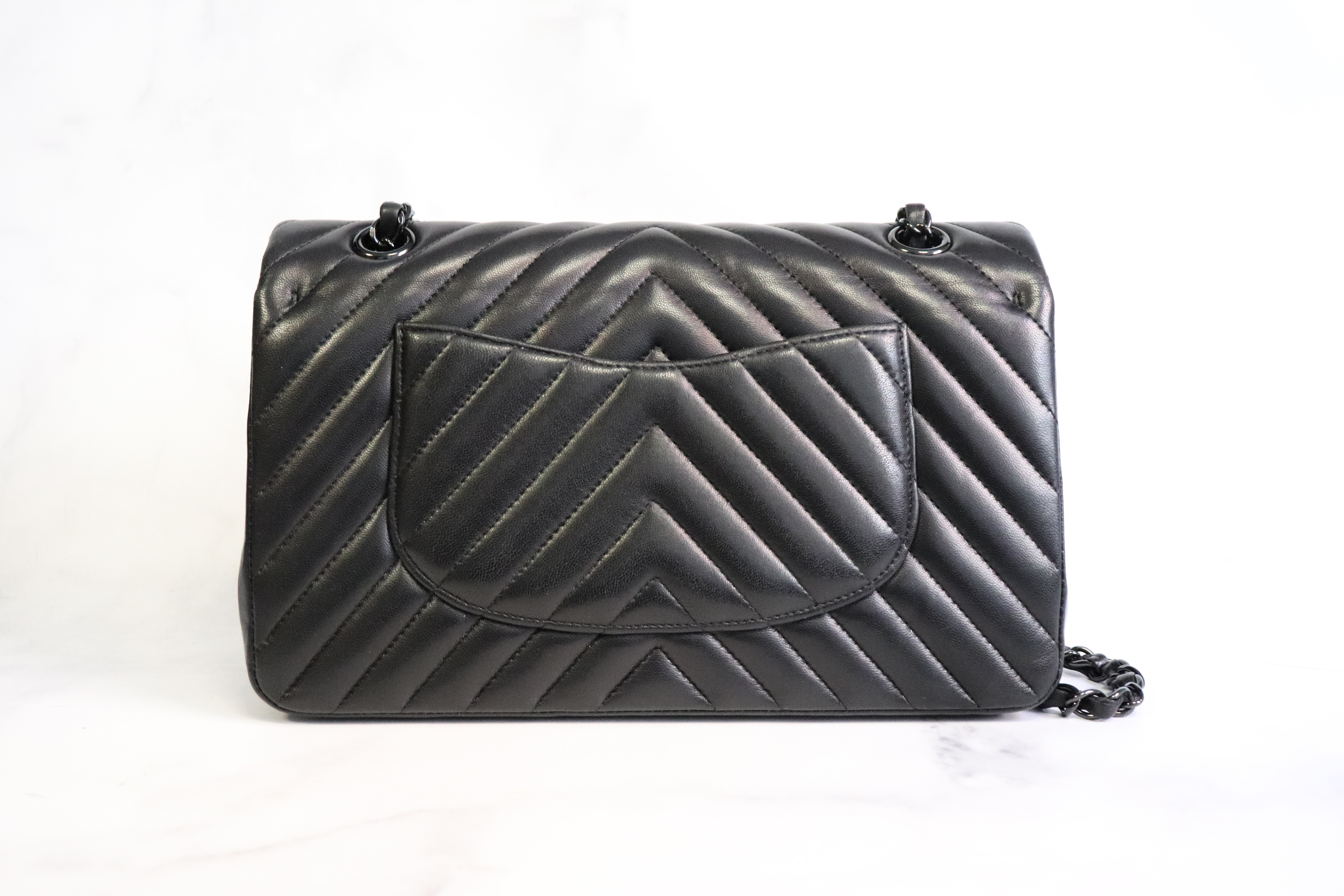 Chanel Classic Medium Double Flap, Black Lambskin Chevron Leather, So Black  Hardware, Preowned in Dustbag