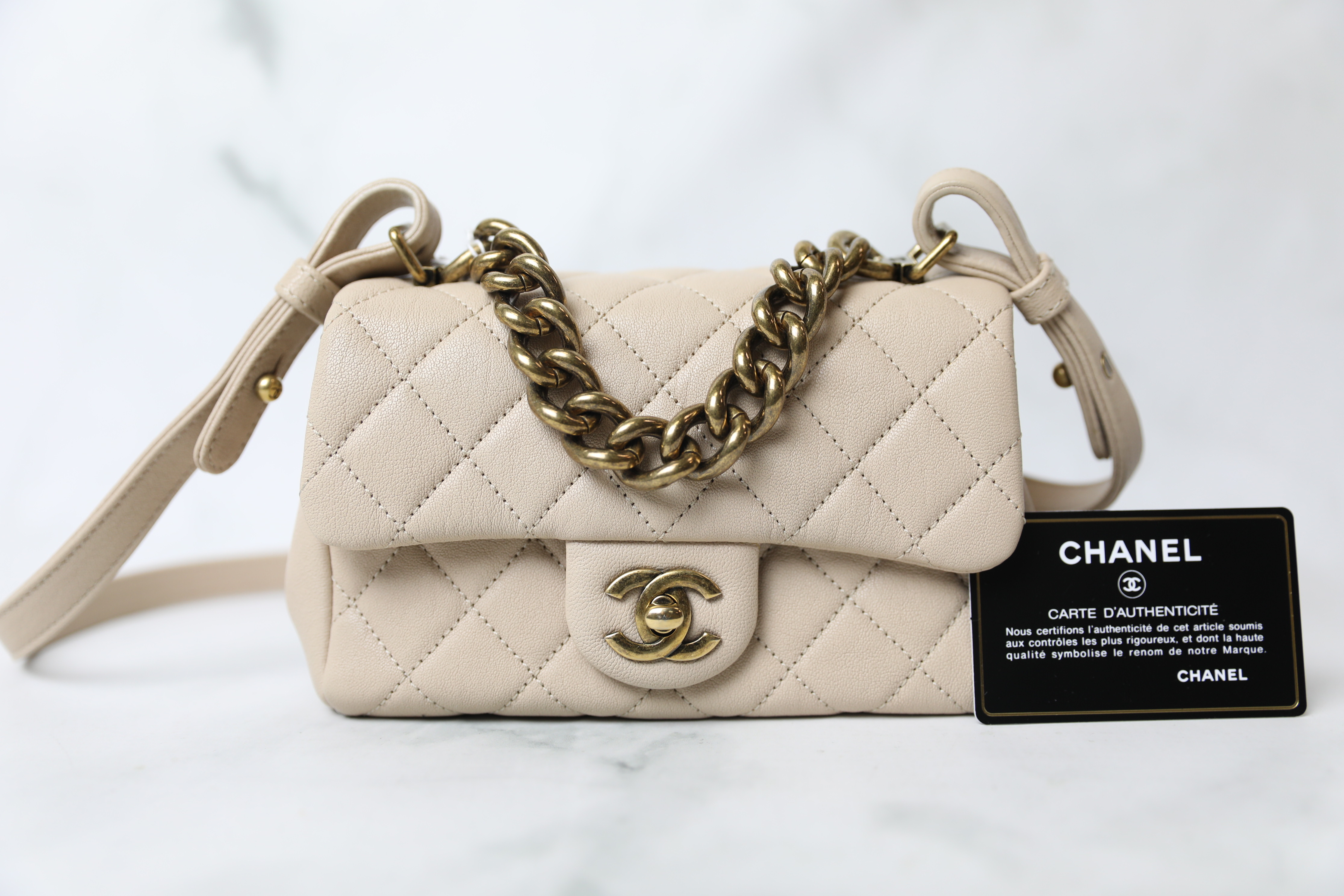 Chanel Trapezio Mini, Beige Calfskin with Aged Gold Hardware