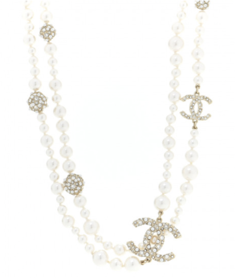 Chanel Necklace Long, Light Gold, with Pearl with Crystal, As New in Box