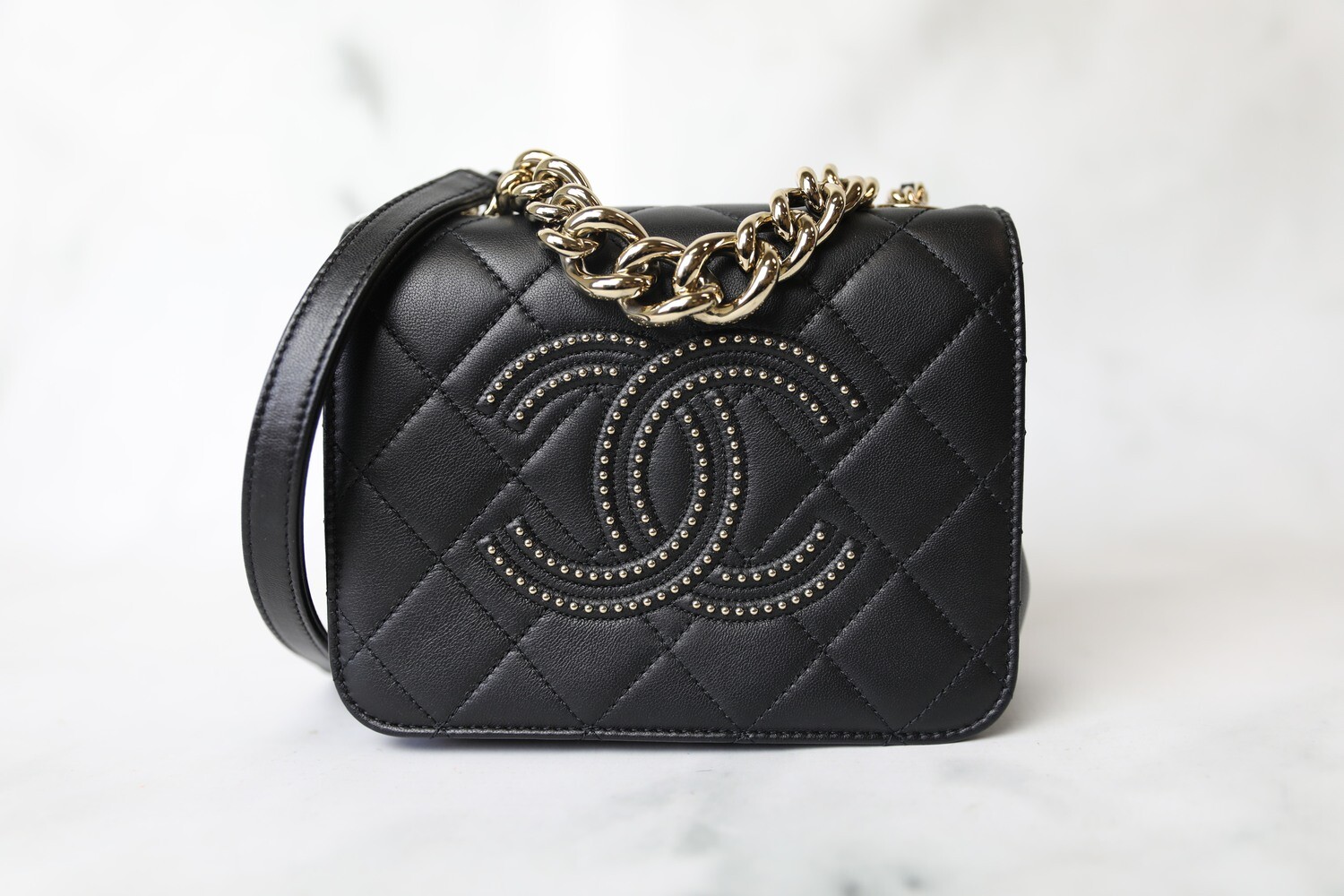 Chanel Beauty Begins Studded Flap Small, Black Lambskin with Gold Hardware, Preowned in Box WA001