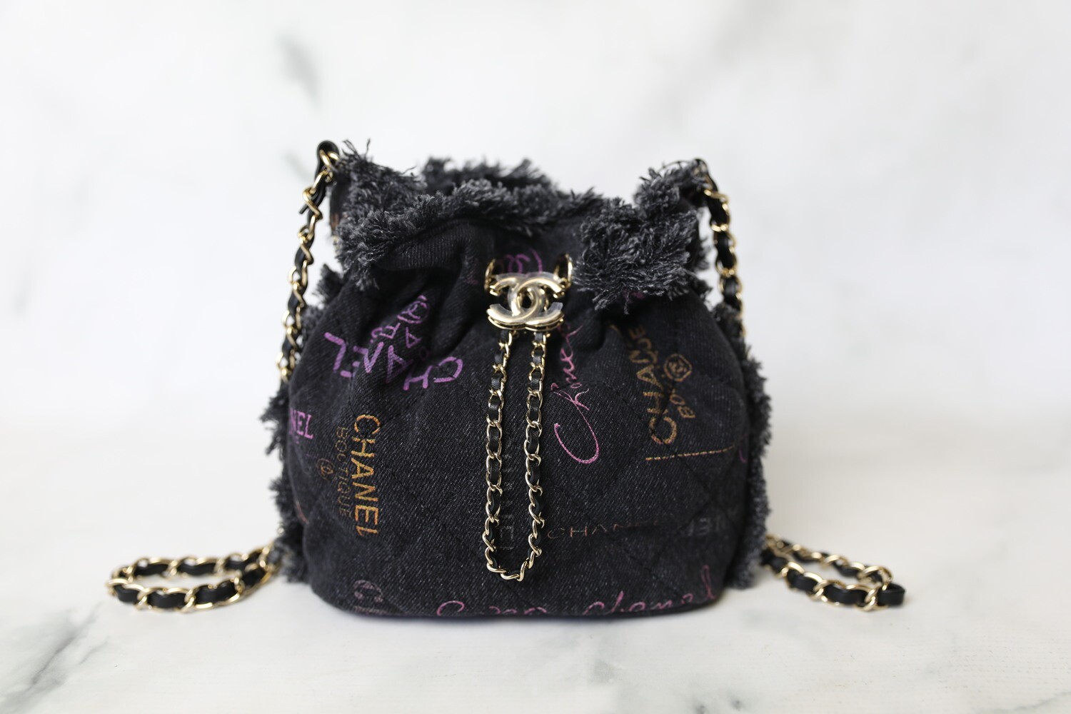 Chanel Drawstring Bucket Bag Mini, Black Denim with Imprints, New in Box  GA001 - Julia Rose Boston