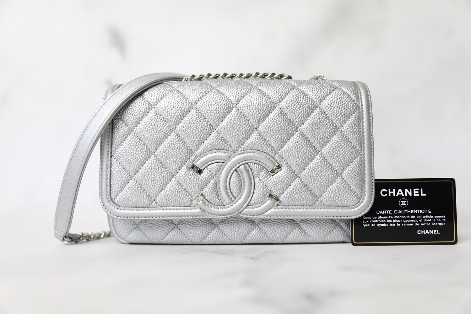 Chanel Filigree Small Flap, Silver Caviar with Silver Hardware, Preowned No Dustbag WA001