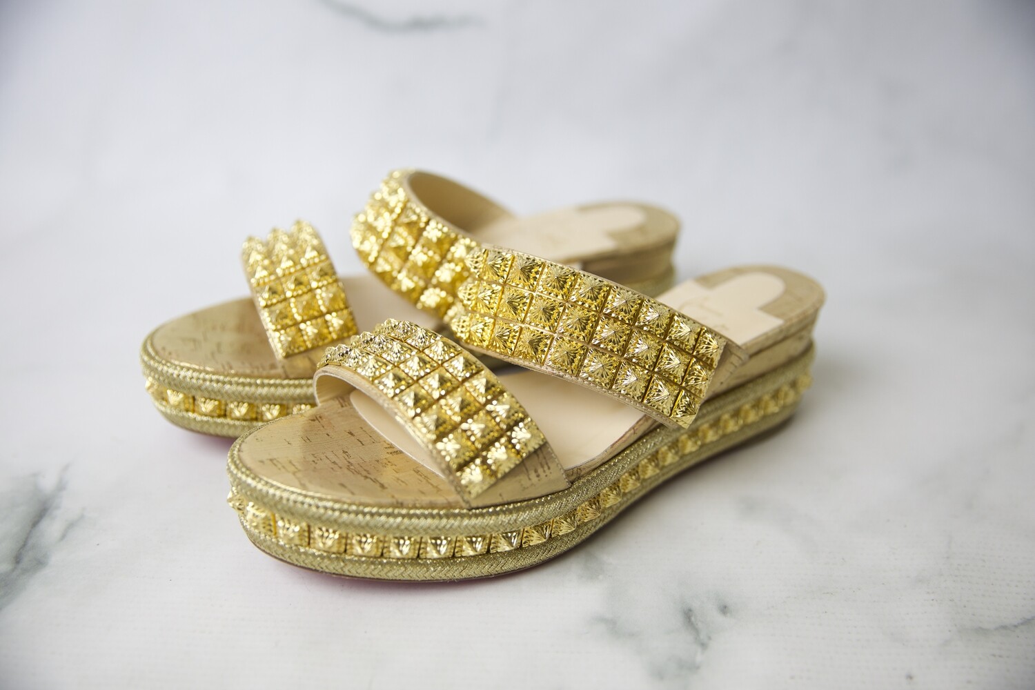 Christian Louboutin Shoes Ecu 60mm Liege Pepite Slip-on Studded Version Gold Slide Sandals, New in Box WA001