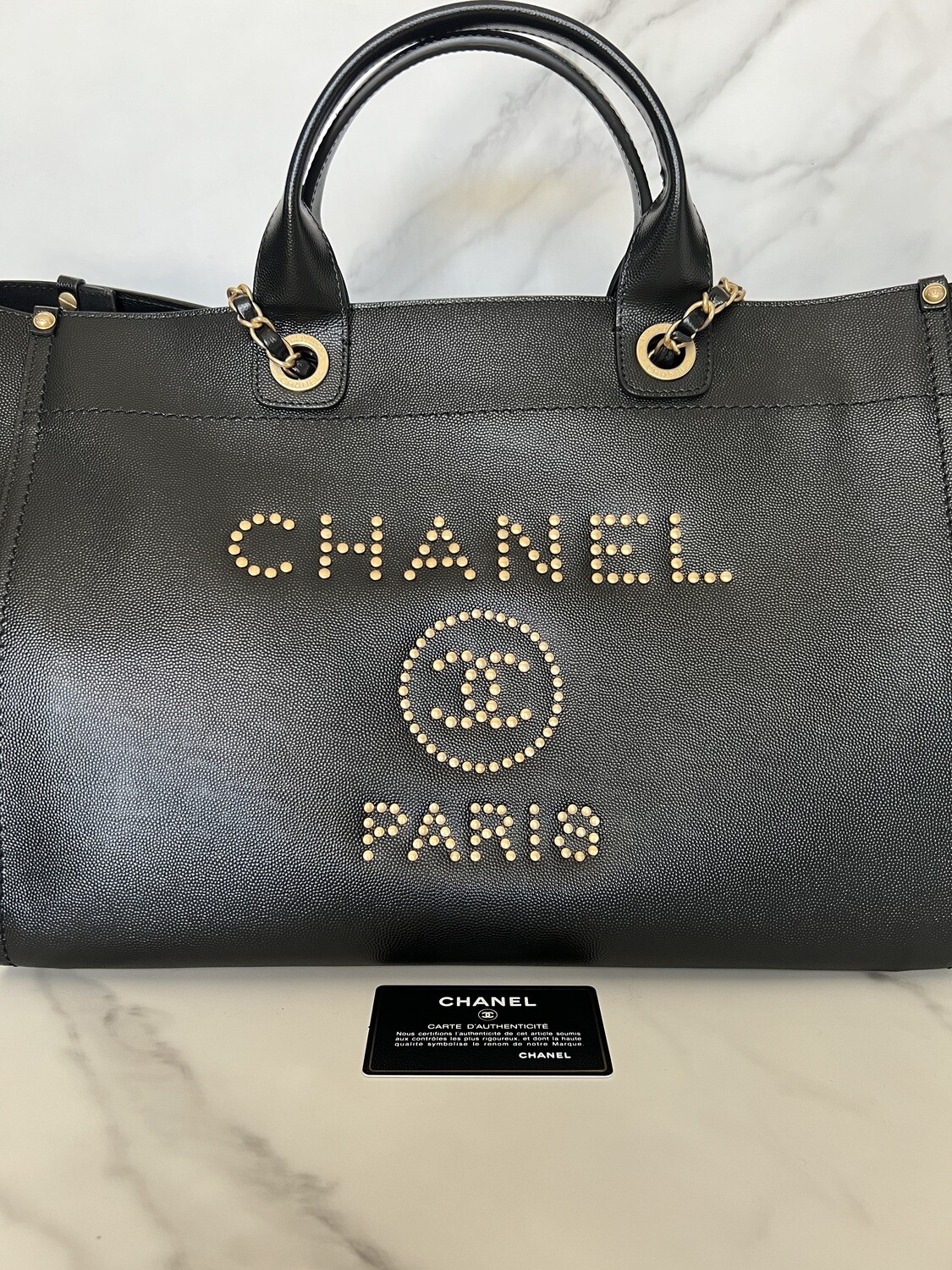 Chanel Medium Studded Deauville Black Leather Tote, Brushed Gold Hardware, Like New in Dustbag - CA001
