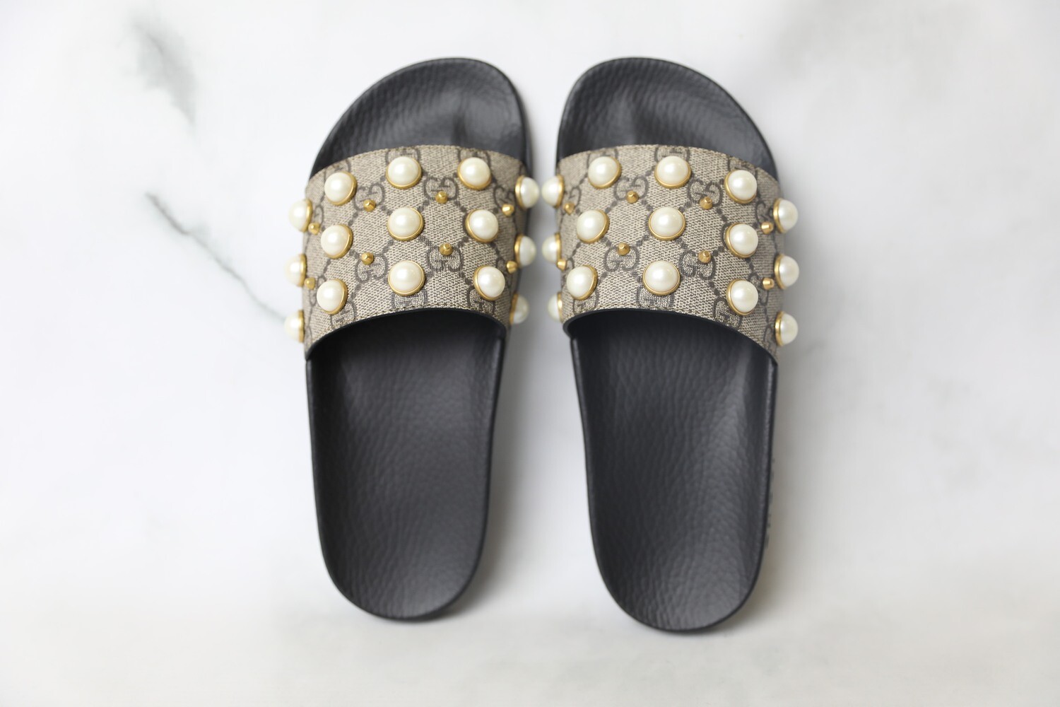 Gucci Pool Slides, Monogram with Pearl, Size 37, New in Box WA001