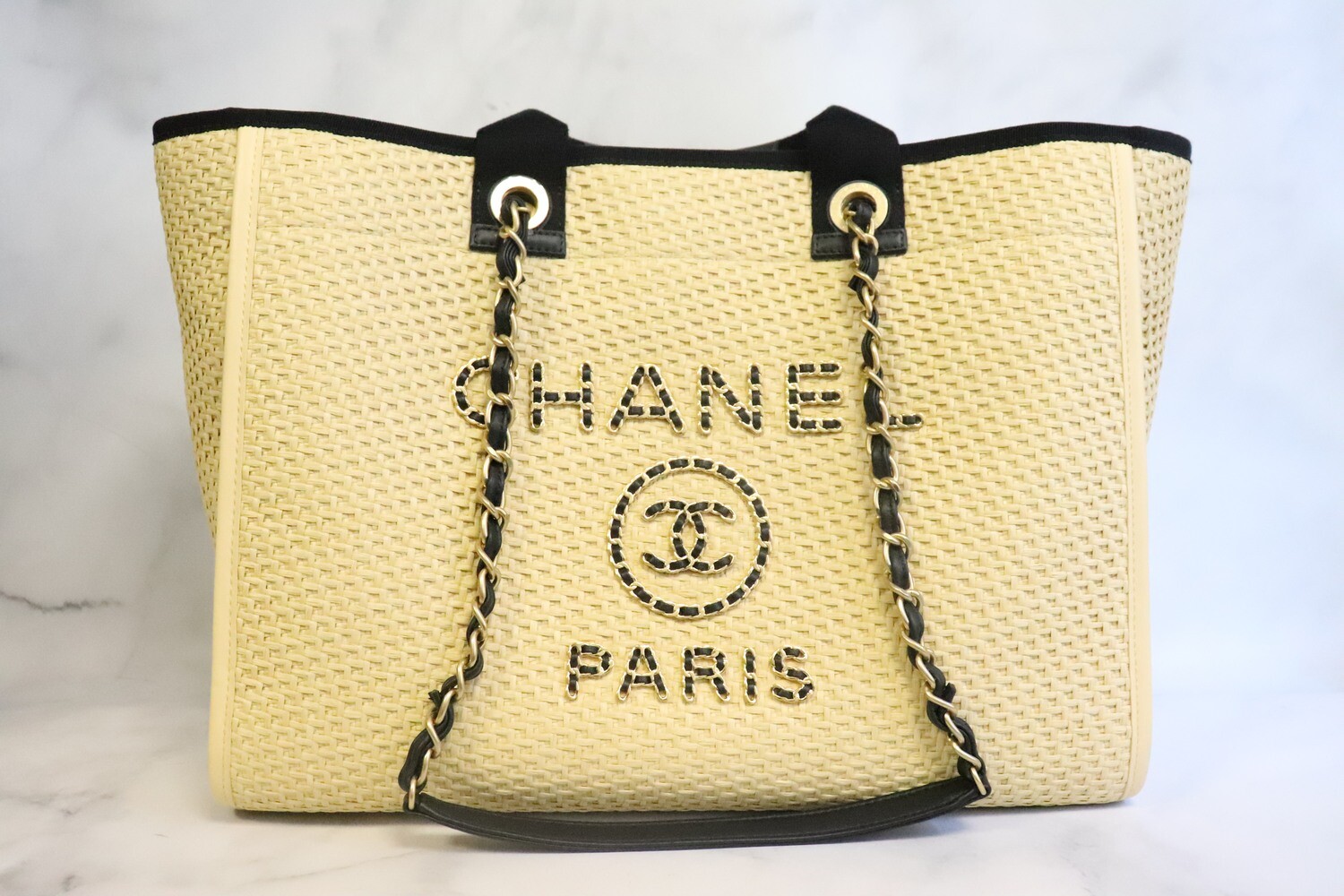 Chanel Deauville Large/Medium, Raffia Beige with Black Trim, Gold Hardware  Preowned in Box (Mint Condition) MA001