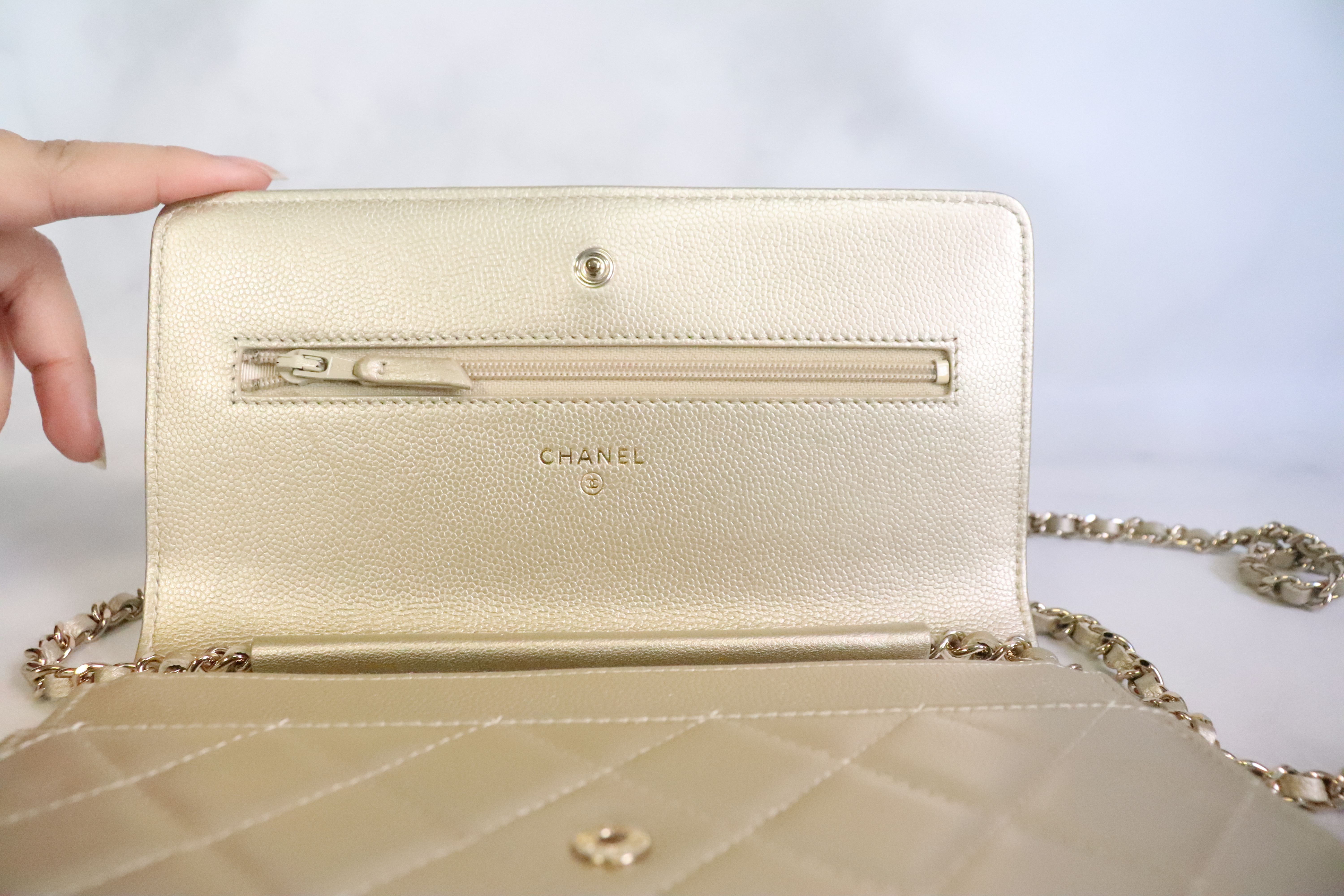 Chanel Wallet on Chain, Light Gold Caviar Leather, Gold Hardware, New in Box