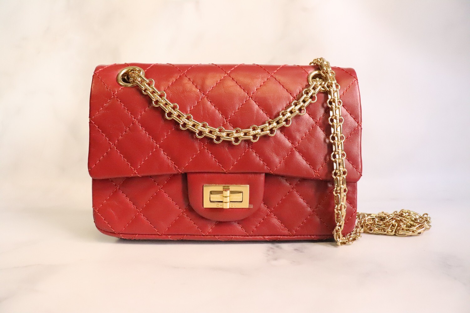 Chanel Reissue Mini, Red Distressed Calfskin Leather, Gold Hardware, Preowned in Box MA001