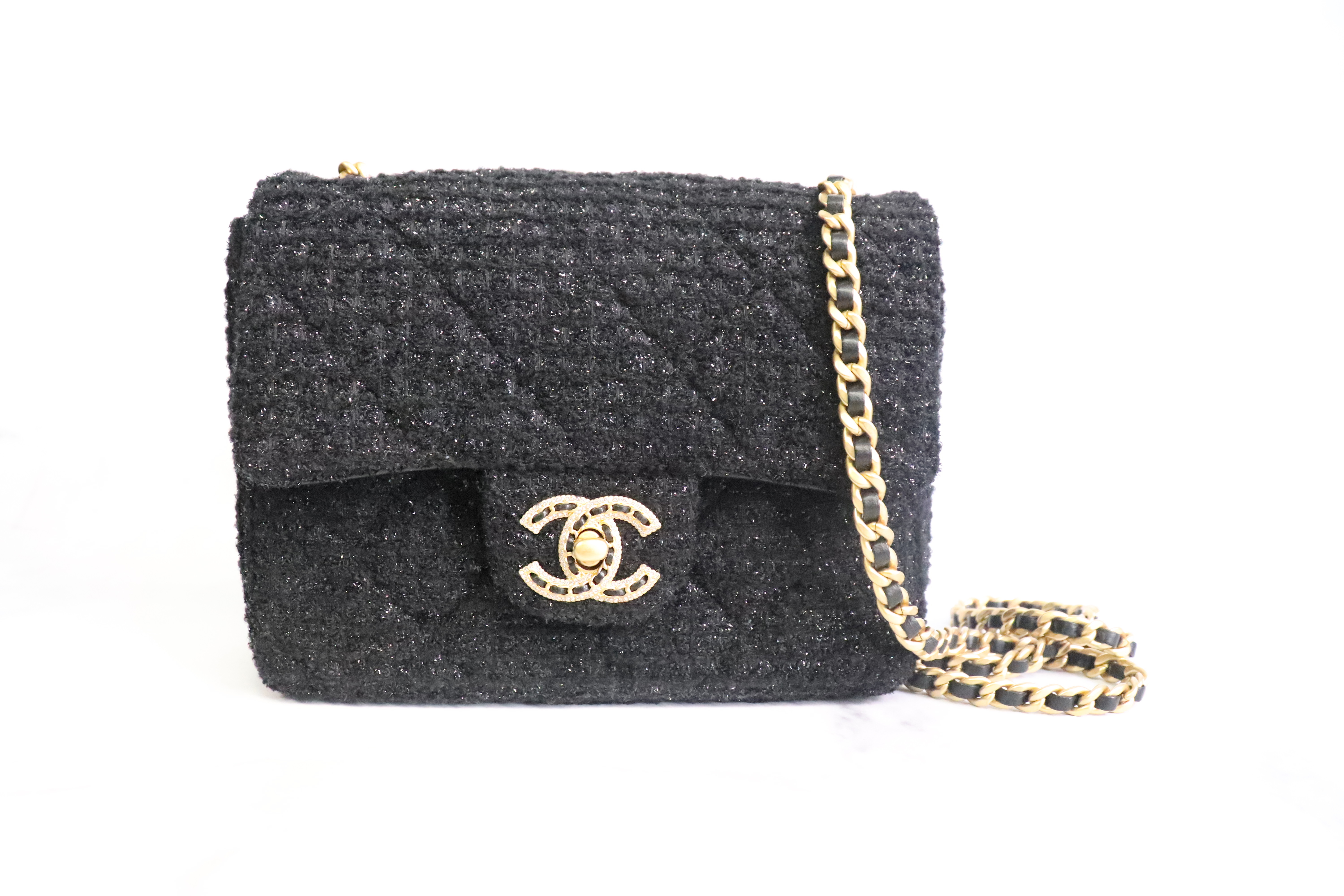 Chanel Seasonal Mini Square Flap, Black Tweed with Gold Hardware, New in Box  MA001 - Julia Rose Boston