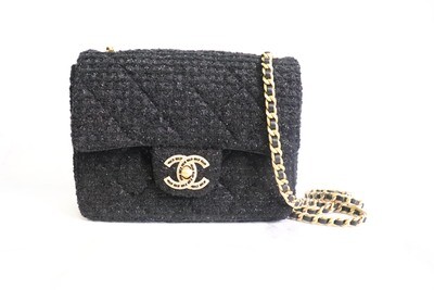 Chanel Seasonal Flap Bag, Black Tweed Leather with Gold Hardware, New in Box
