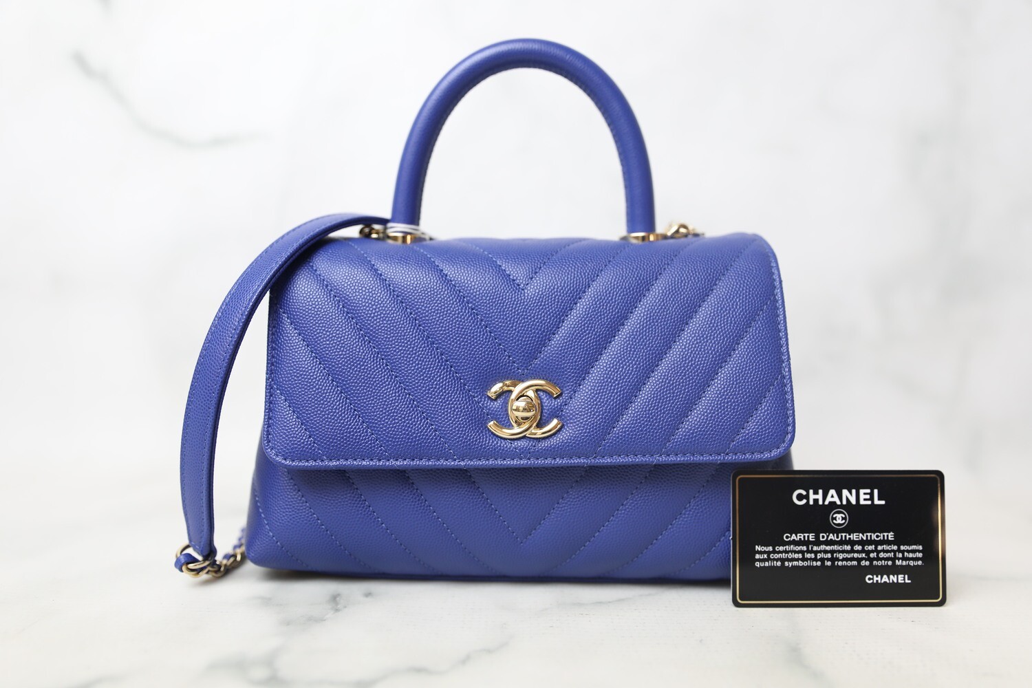 Chanel Coco Handle Mini, Blue Chevron Caviar with Gold Hardware, Preowned in Dustbag WA001