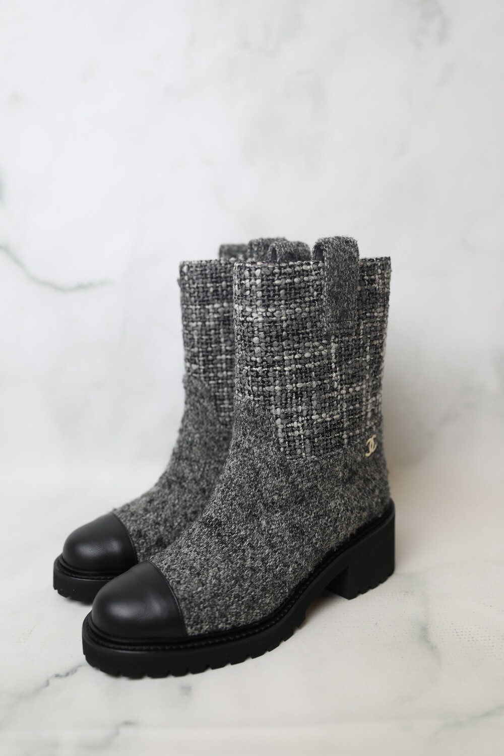 Chanel Gray Classic Tweed Leather Grosgrain Silk CC Ankle Boots/Booties,  Size 36, New in Box GA001 - Julia Rose Boston