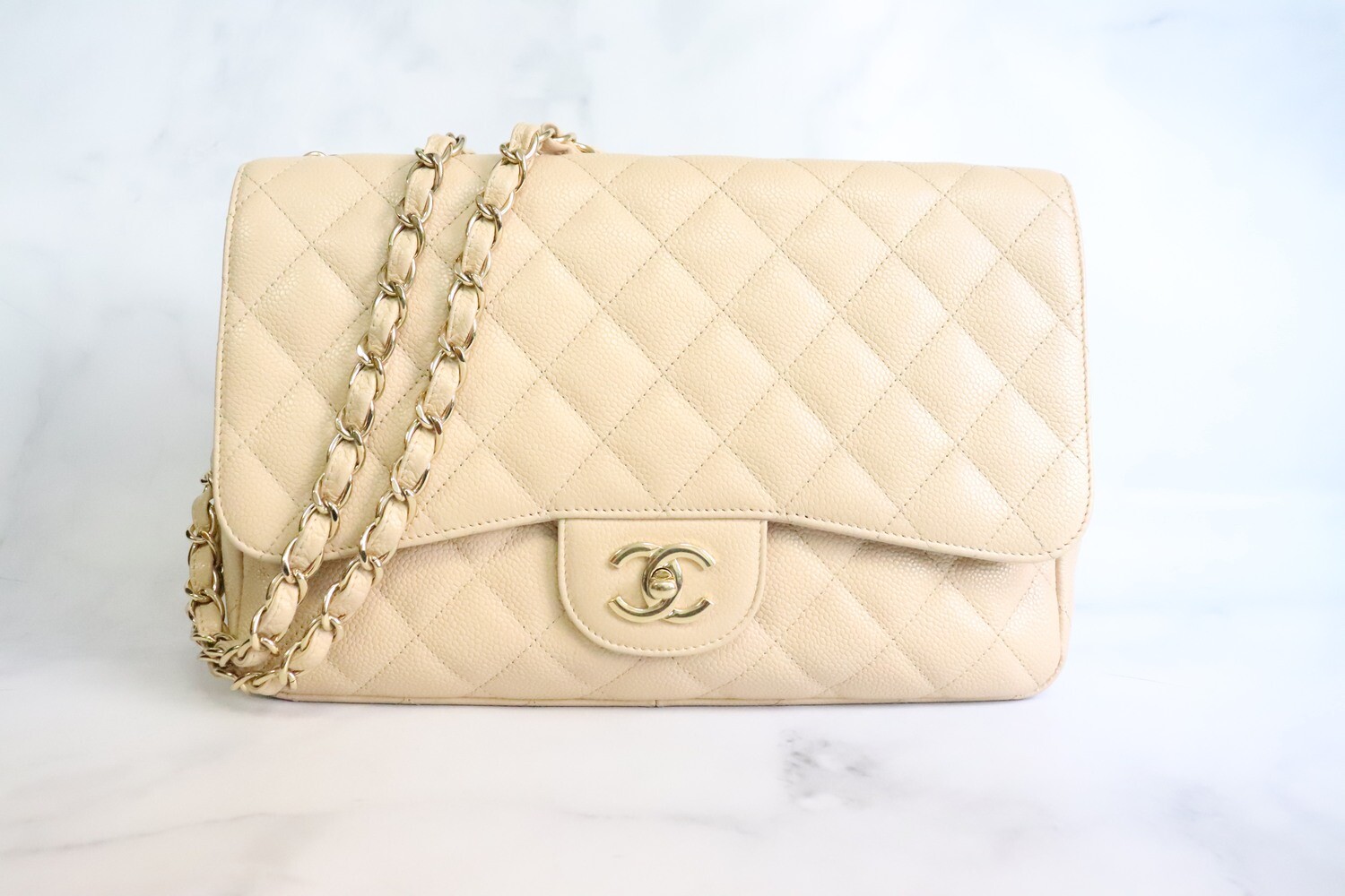 Chanel Classic Jumbo Single Flap, Beige Clair Caviar Leather, Gold Hardware, Preowned in Black Dustbag