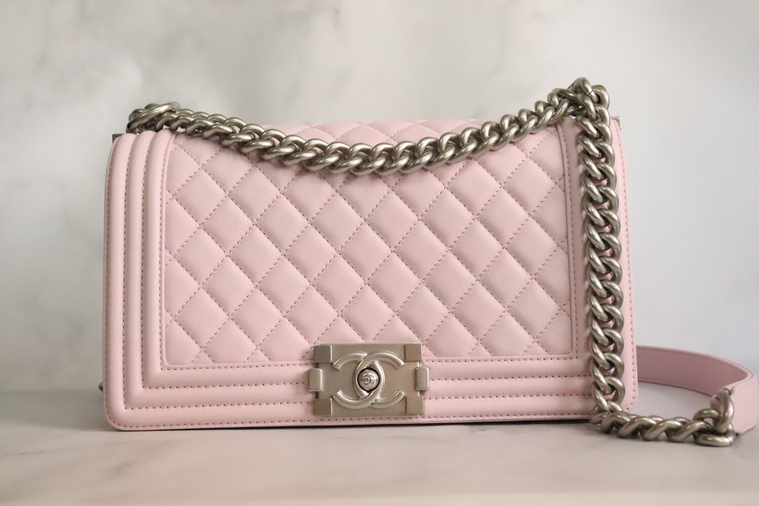 Chanel Boy Old Medium 22P Pink Calfskin Leather, Brushed Silver Hardware, New in box