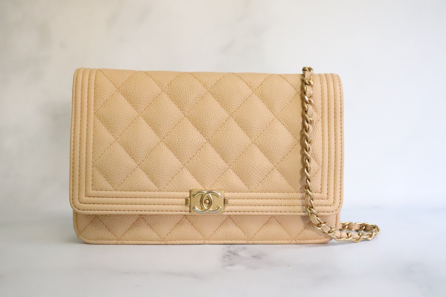 Chanel Wallet on Chain, Boy, Beige Caviar Leather, Brushed Gold Hardware, Preowned in Box