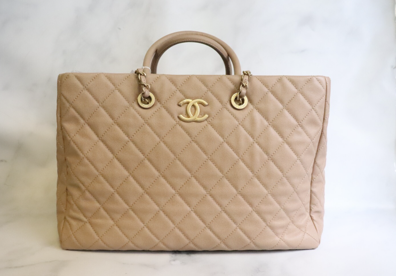 Chanel Coco Handle Tote Large, Dark Beige Caviar Leather, Gold Hardware, Preowned in Box