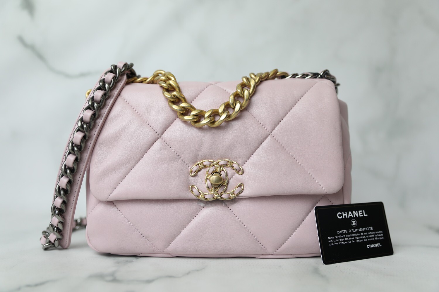 Chanel 19 Small, 21S Pink Leather, New in Box MA001