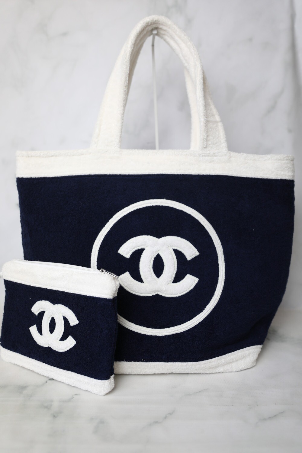 Chanel Terry Beach Tote, White and Navy Terry Fabric, Preowned in Box WA001