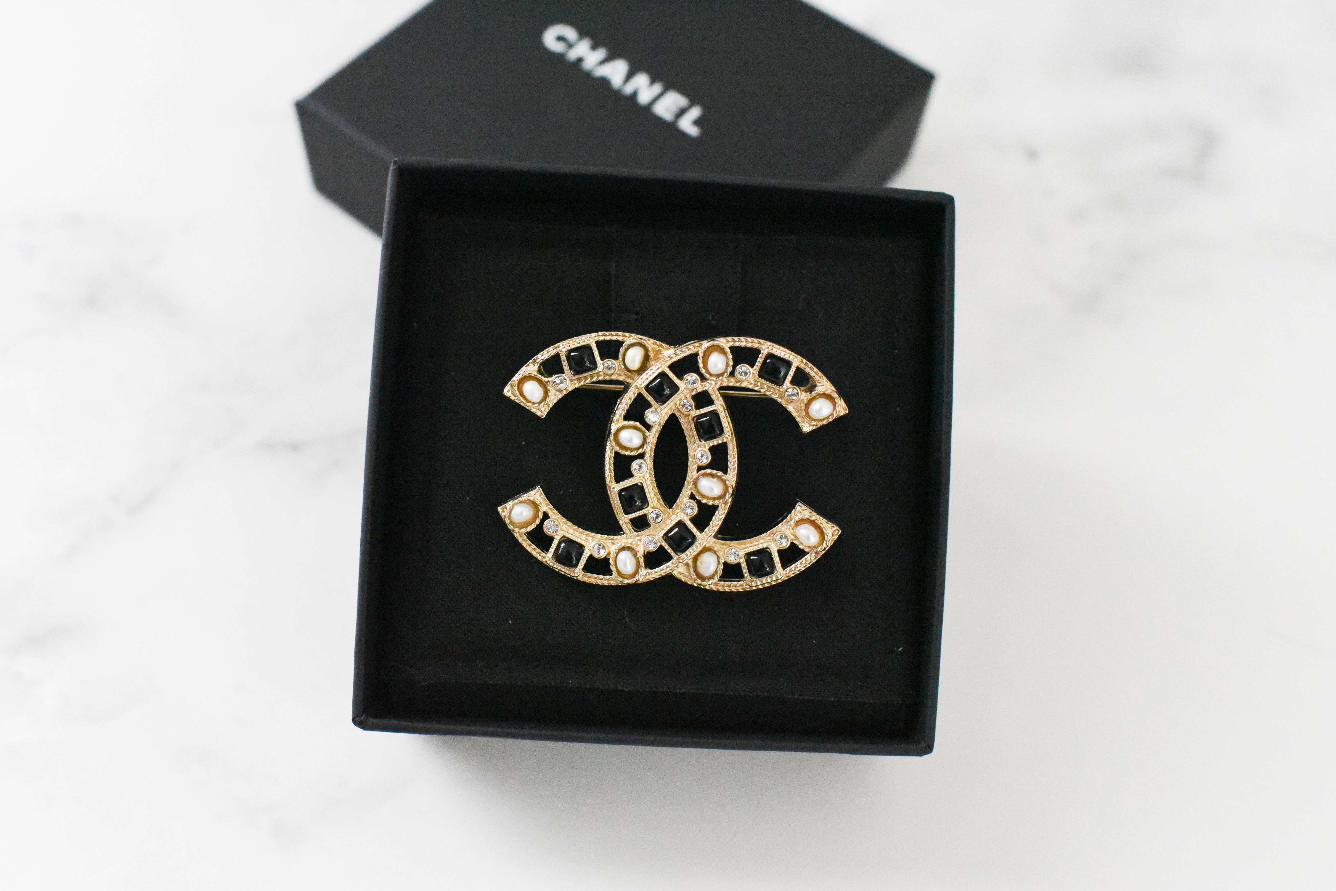 Chanel CC Brooch in Gold with Crystals, Pearls & Black Stones, New in Box  GA001