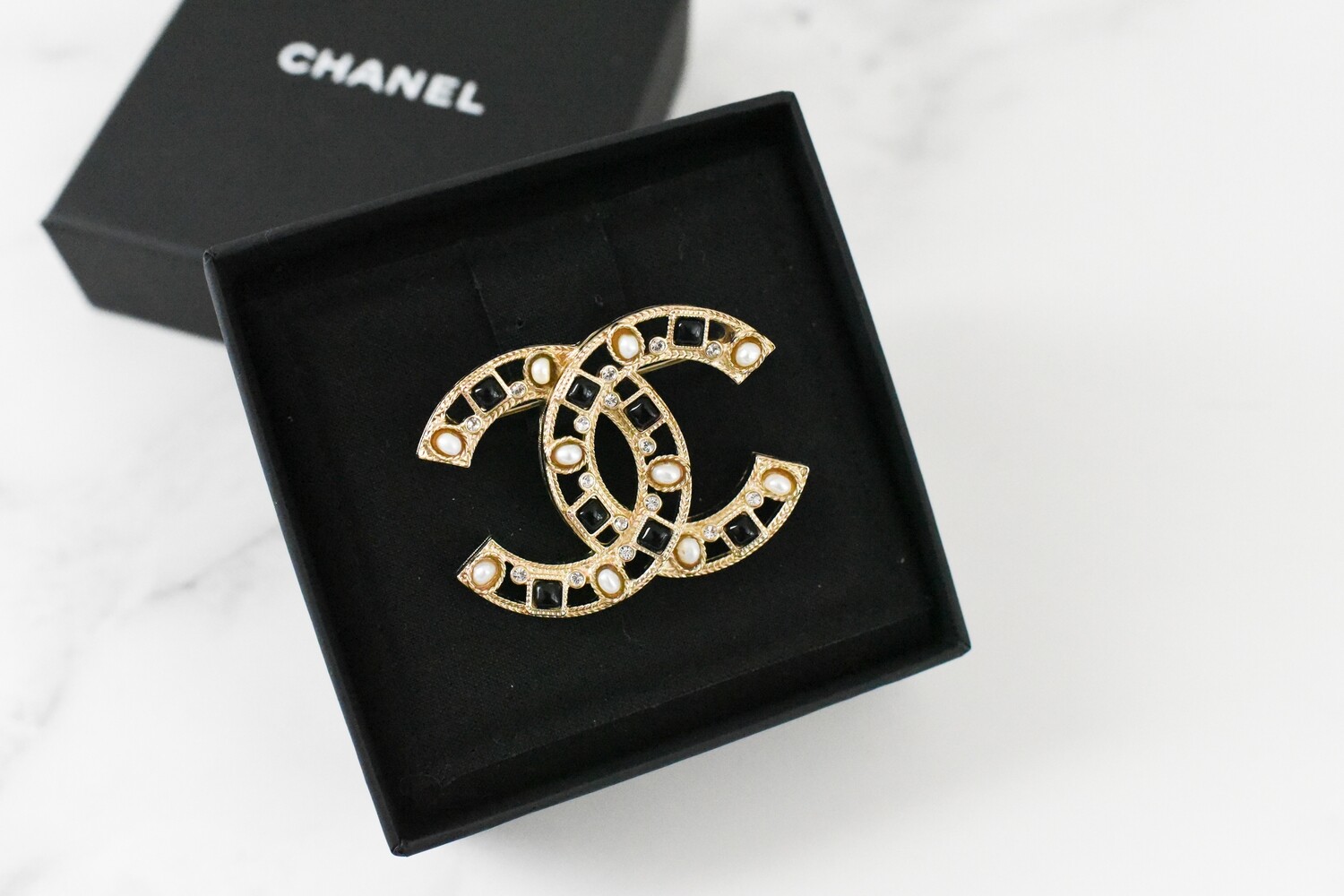 Chanel CC Brooch in Gold with Crystals, Pearls & Black Stones, New in Box  GA001