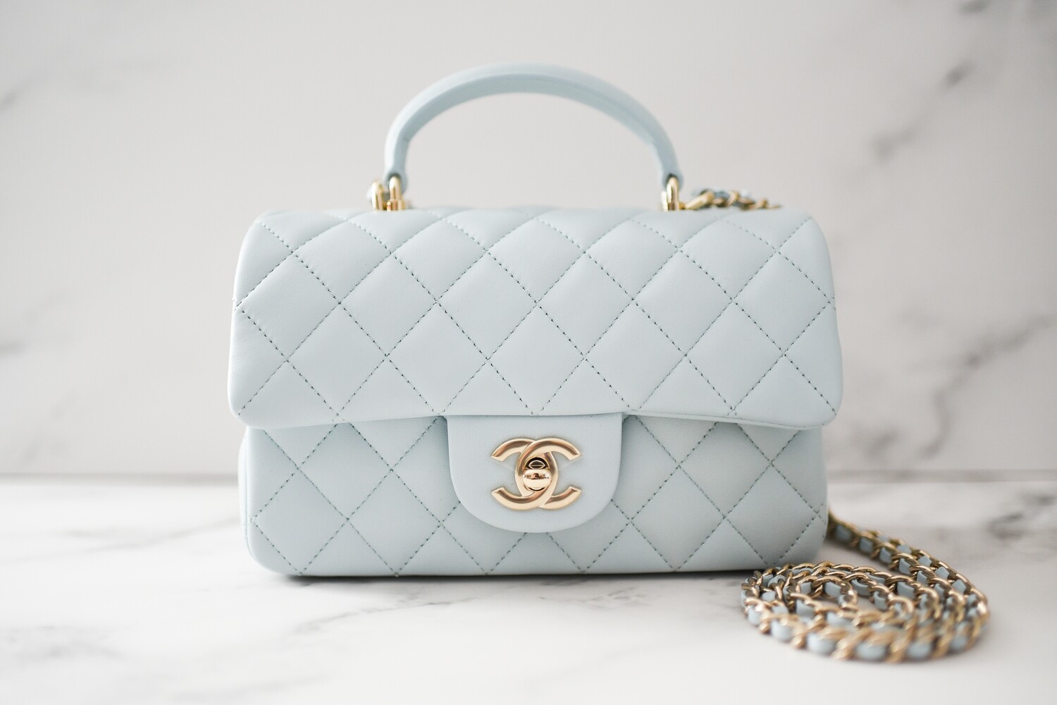 Chanel Mini Top Handle, Light Blue Lambskin Leather, Shiny Gold