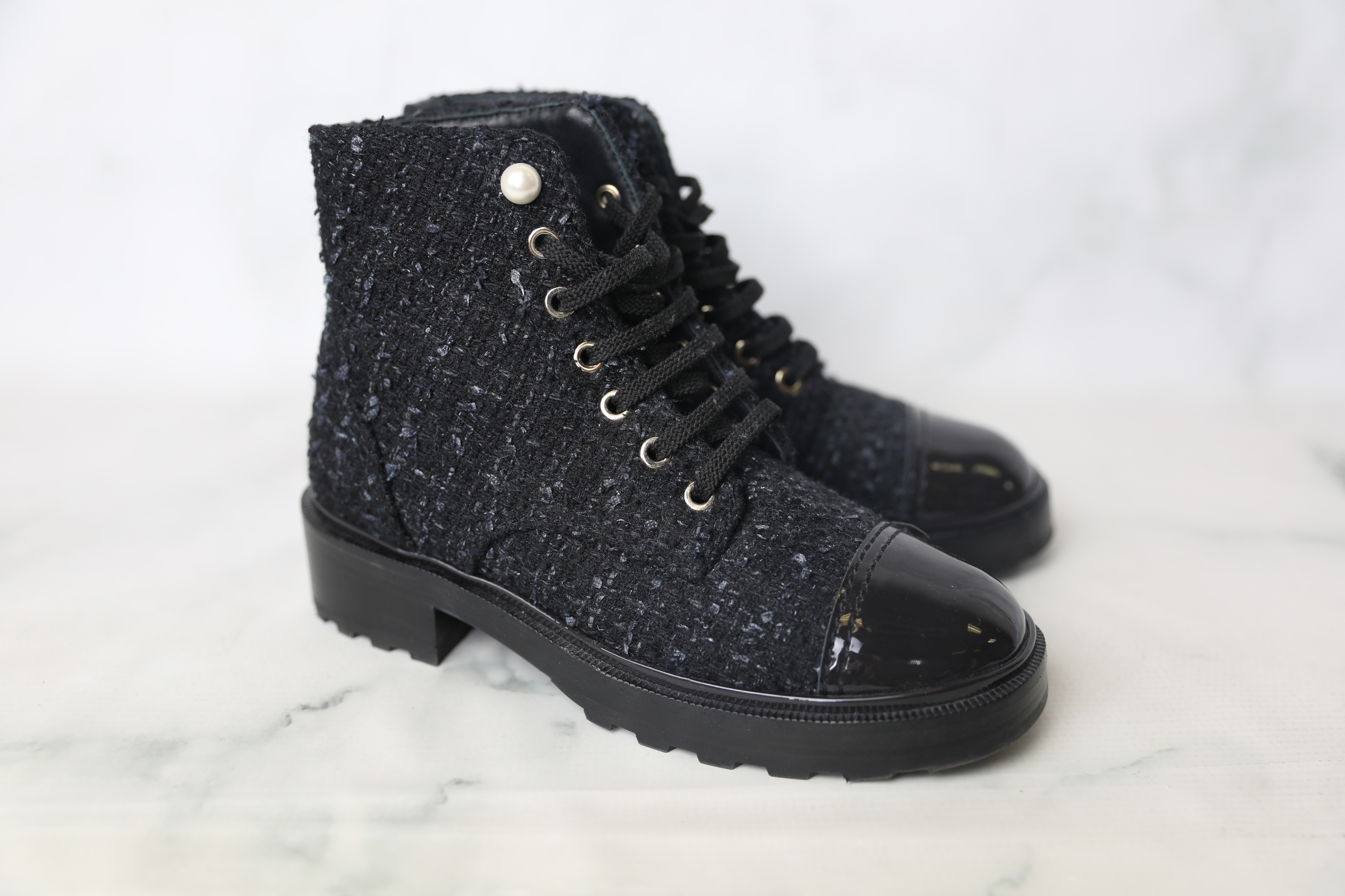 Chanel CC black tweed boucle combat moto boots sz 39