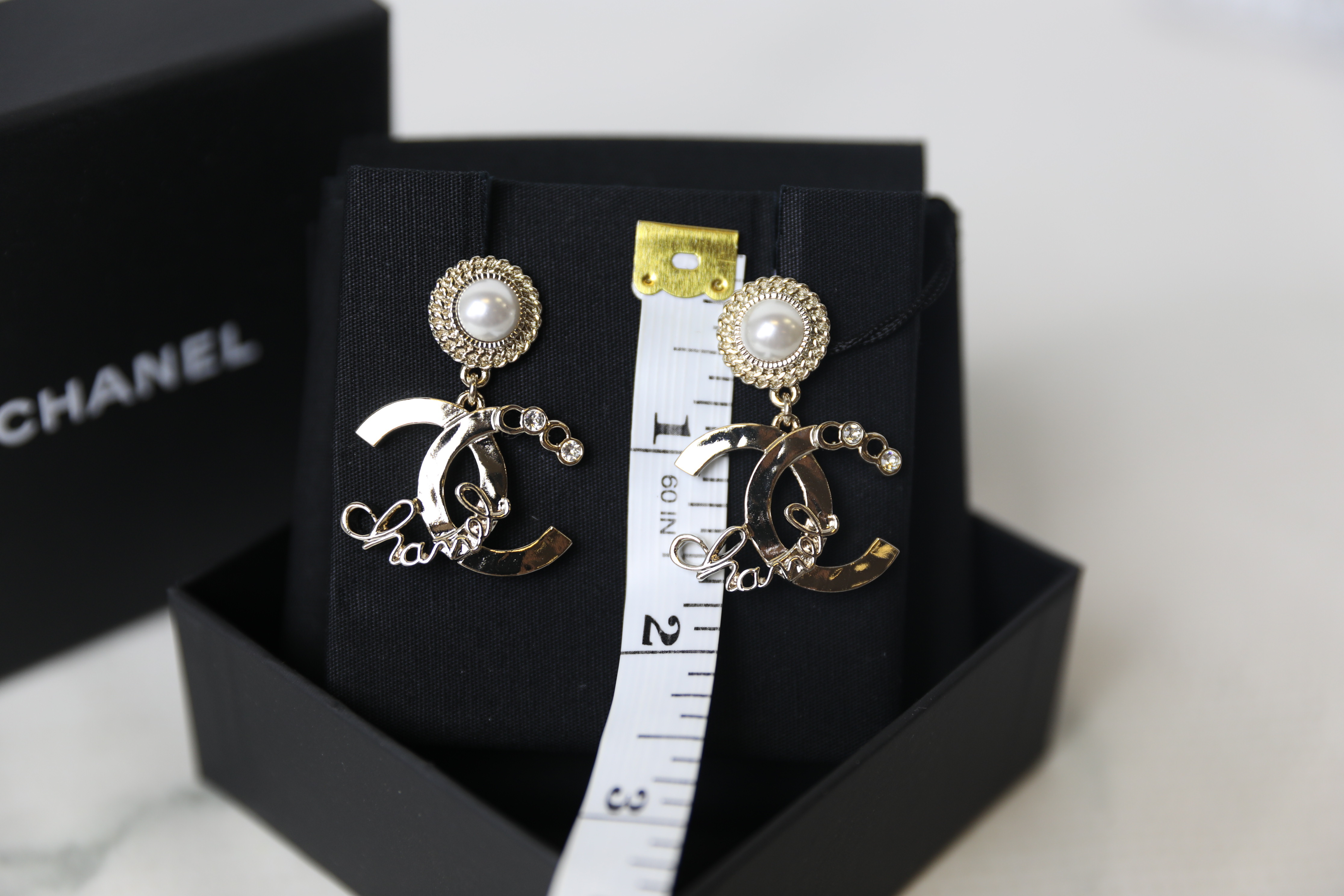 Chanel Earrings, Script CC with Pearl Drop, New in Box WA001