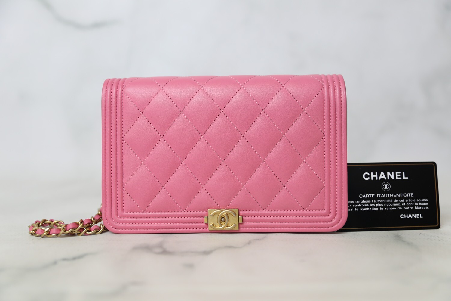 Chanel Boy Wallet on Chain, Pink with Gold Hardware, Preowned in Dustbag  WA001