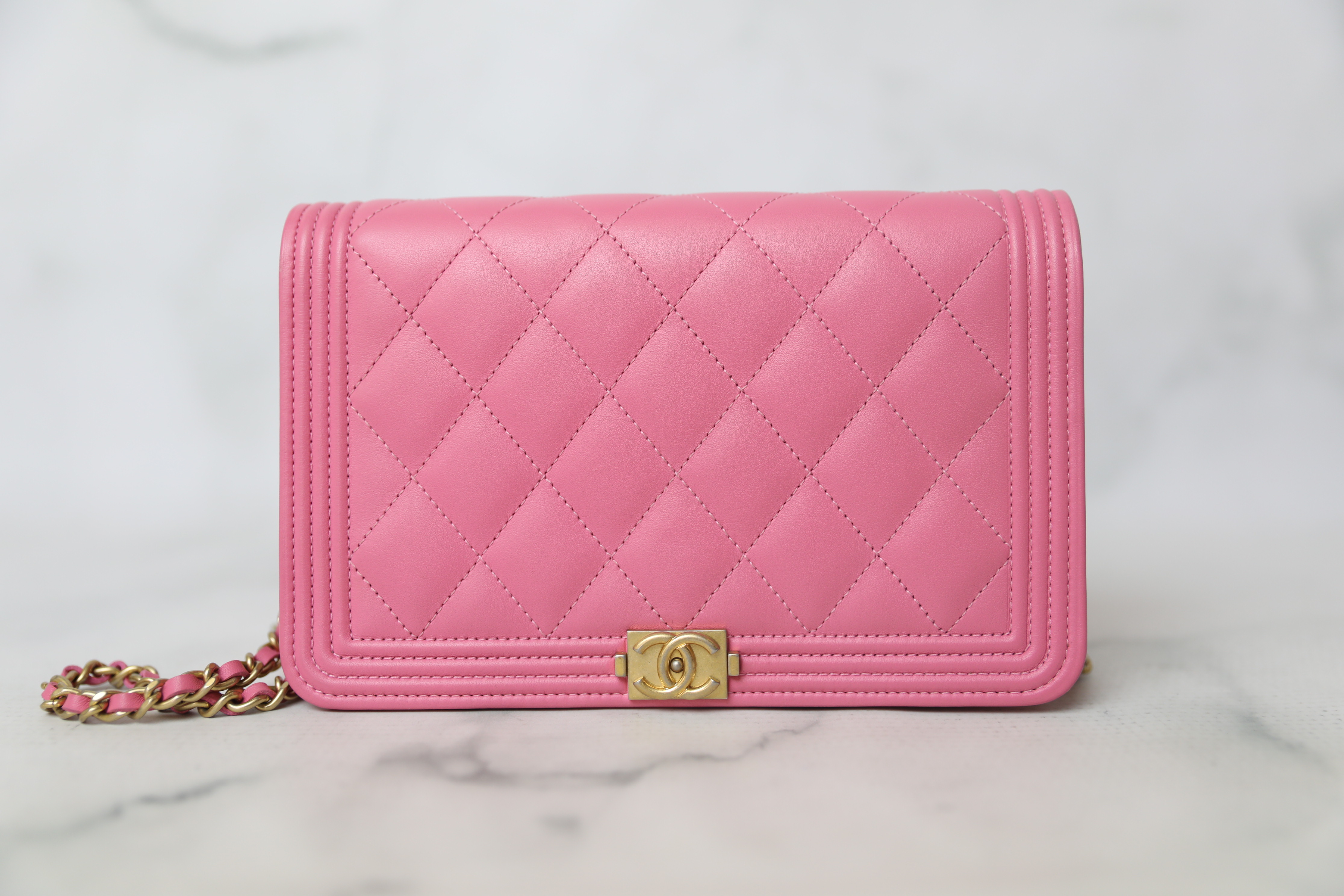 Chanel Boy Wallet on Chain, Pink with Gold Hardware, Preowned in