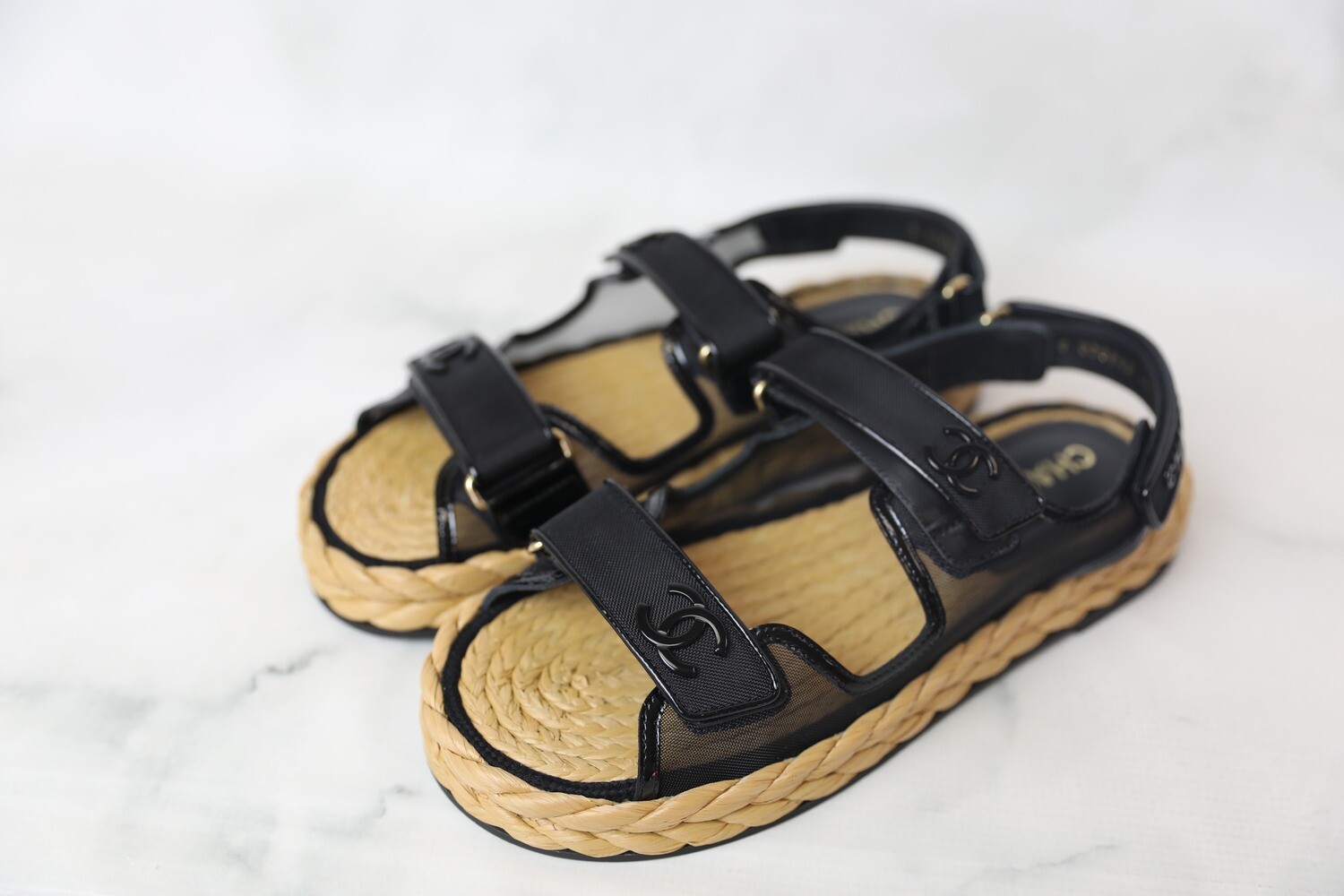 Chanel Gate 5 Dad Sandals, Black Mesh with Patent Trim and Braided Base,  New in Box - Julia Rose Boston | Shop