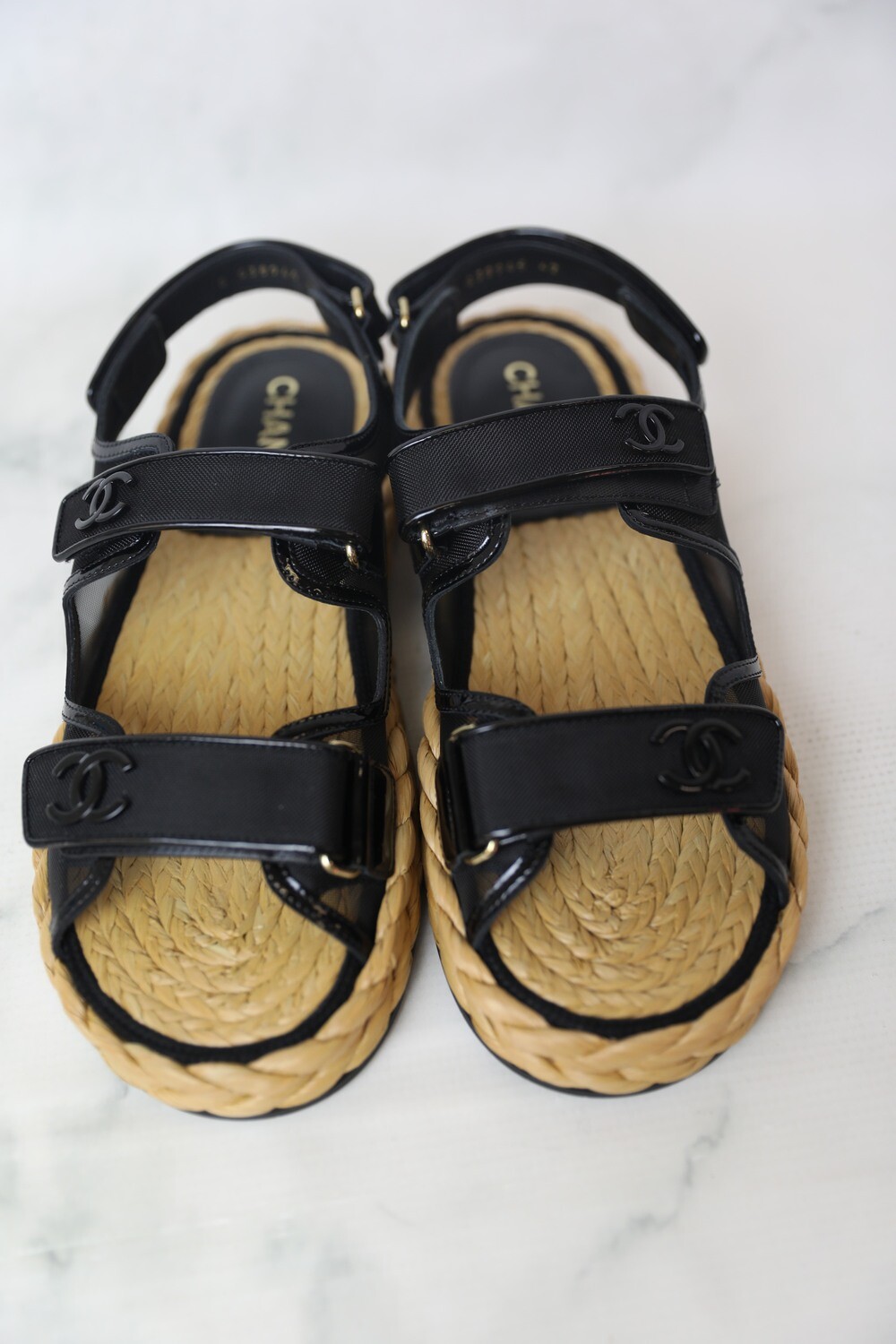 Chanel Gate 5 Dad Sandals, Black Mesh with Patent Trim and Braided