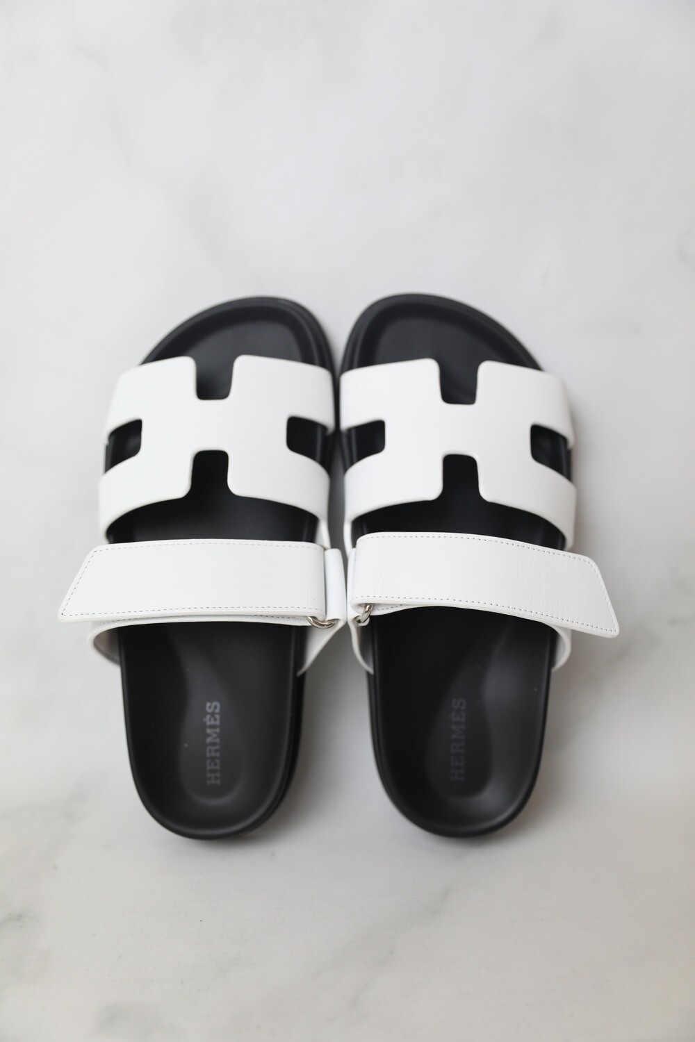 Hermes Chypre Sandals, Size 37.5 White and Black, New in Box WA001