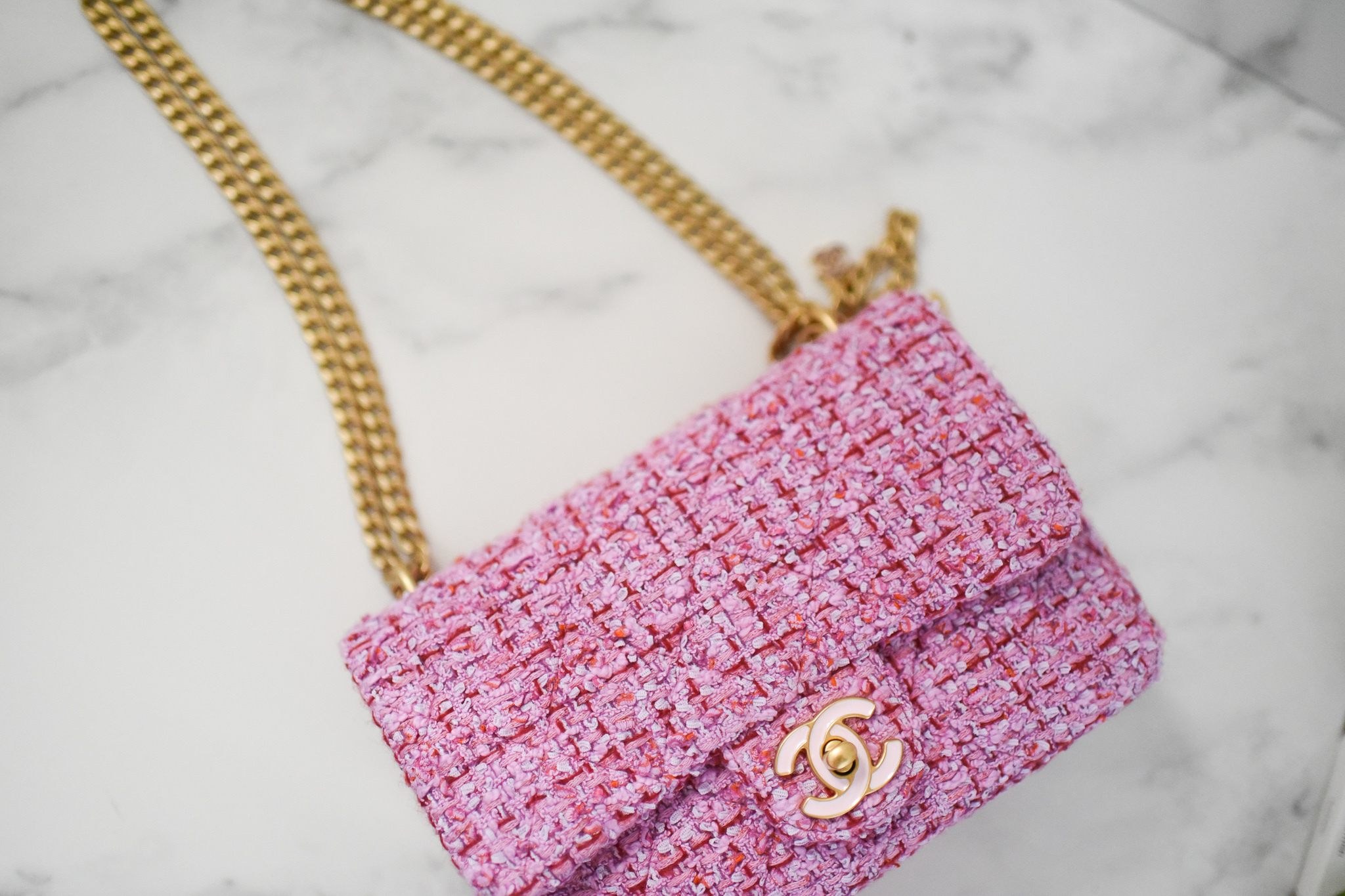 Chanel Tweed Flap Bag, Pink Tweed with Gold Hardware, New in Box WA001