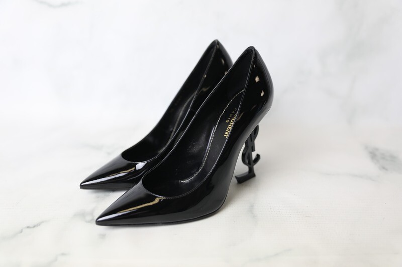Saint Laurent Shoes Black Yves Ysl Opyum 110 Logo Patent Leather Heel Pumps, Size 38, New in Box WA001