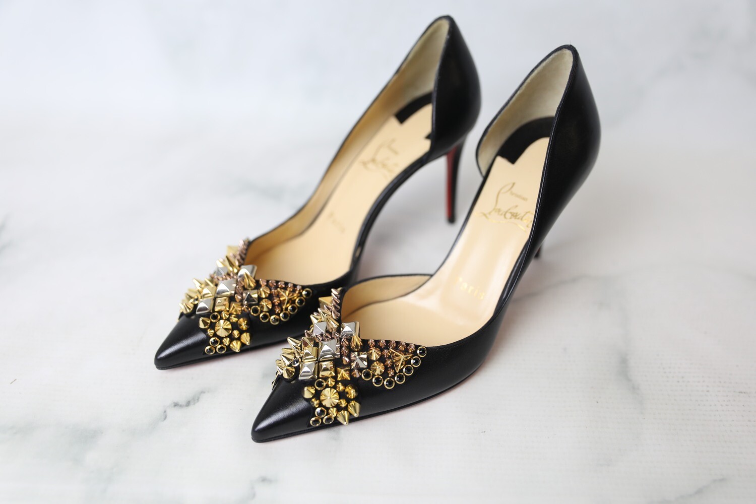 Let Elegance sprogfærdighed Christian Louboutin Shoes Heels Black Farfaclou D'orsay 85mm Nude Gold Spike  A279 Pumps, New in Box WA001
