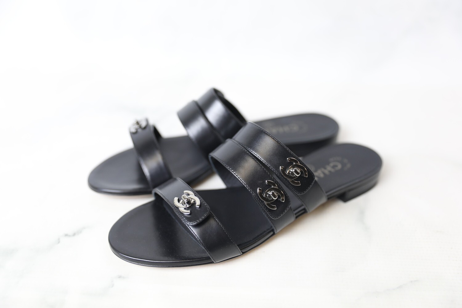 Chanel Shoes Black Strappy Cc Logo Lock Slippers Mules Sandals, New in Box  WA001