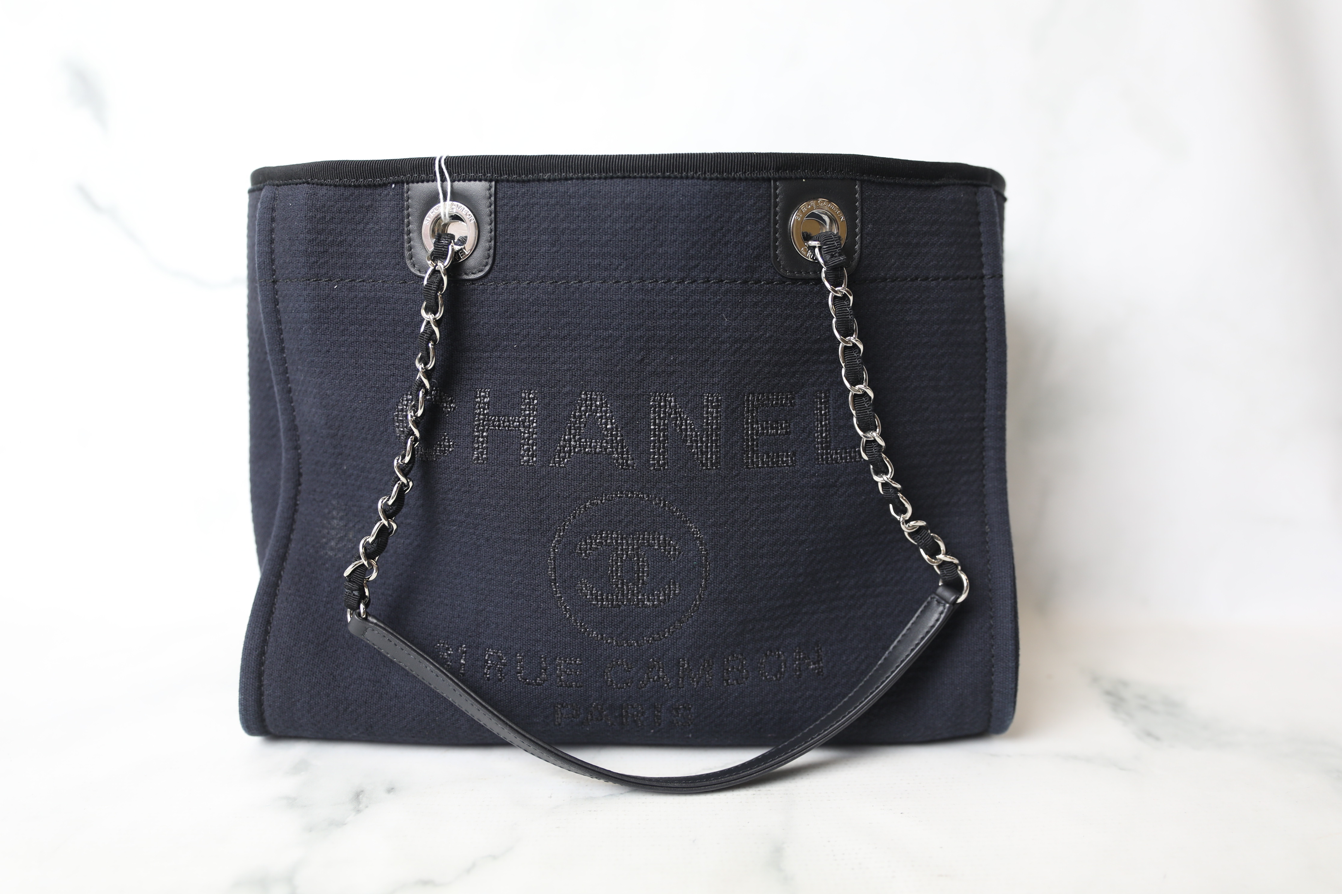 Chanel Deauville Small Canvas Leather Tote Bag Dark Blue