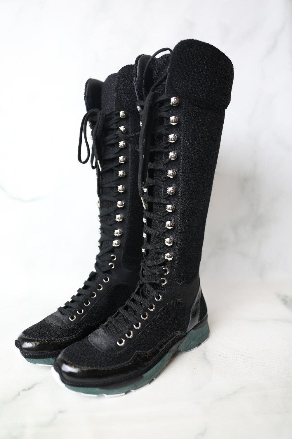 Chanel Shoes Black Tweed Patent Leather Cc Lace Up Sneakers Tall  Boots/Booties, New in Box WA001