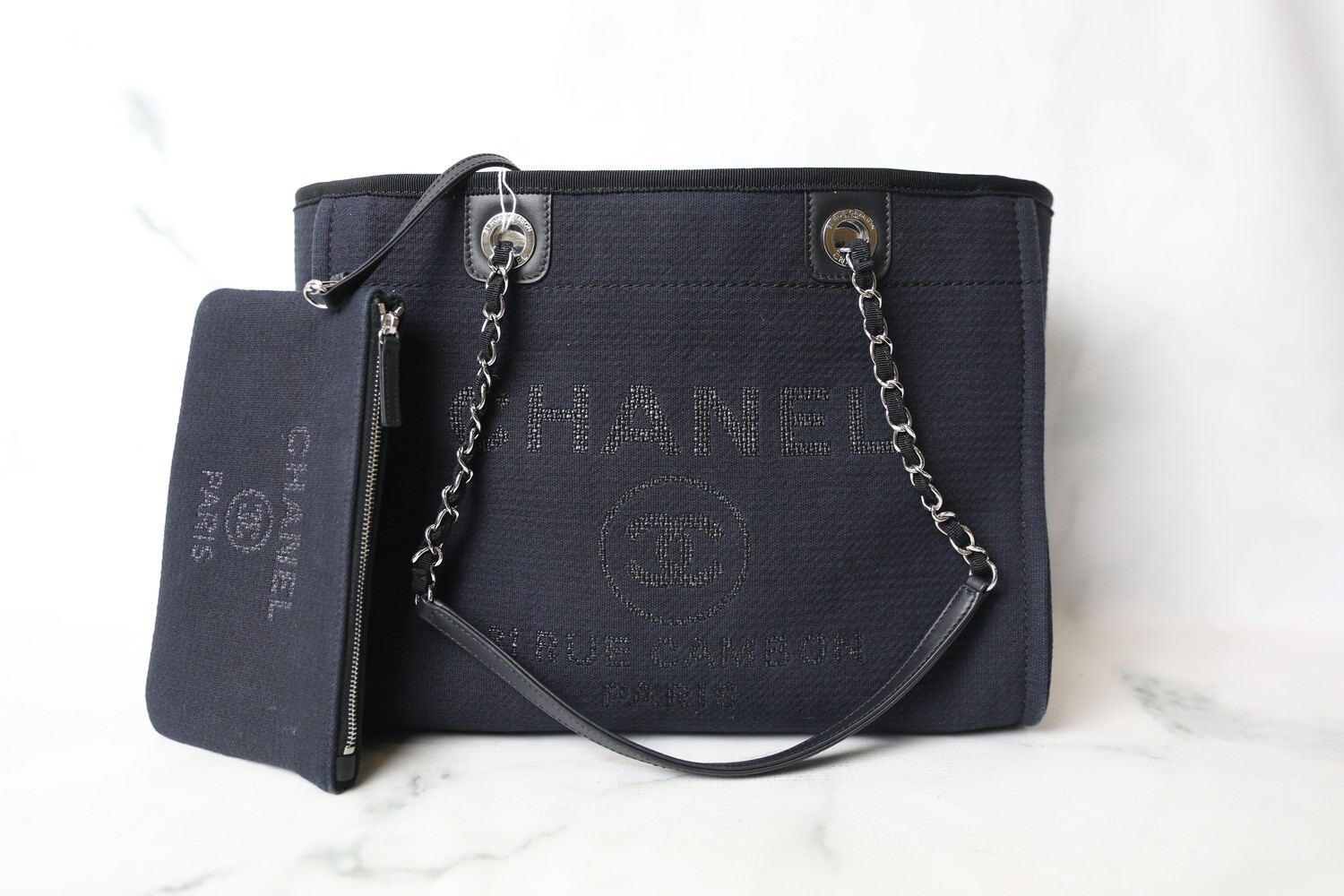 Embroidered Pu Leather CHANEL DEAUVILLE FABRIC TOTE DARK FABRIC