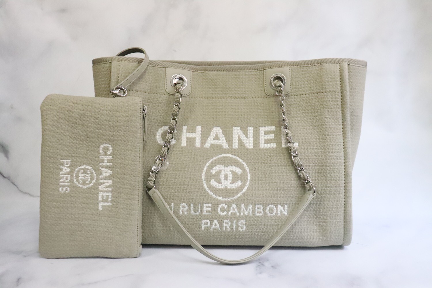 Chanel Deauville Medium Olive Green Canvas Tote, Silver Hardware, New in Dustbag