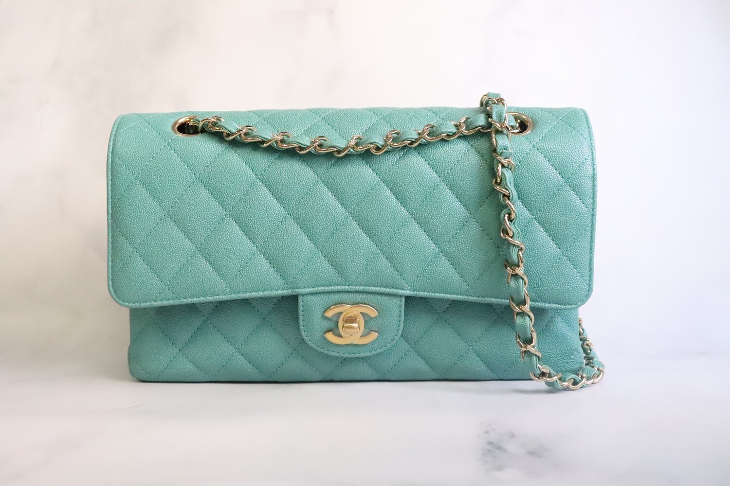 Chanel Small Classic Double Flap Turquoise Iridescent Caviar Light