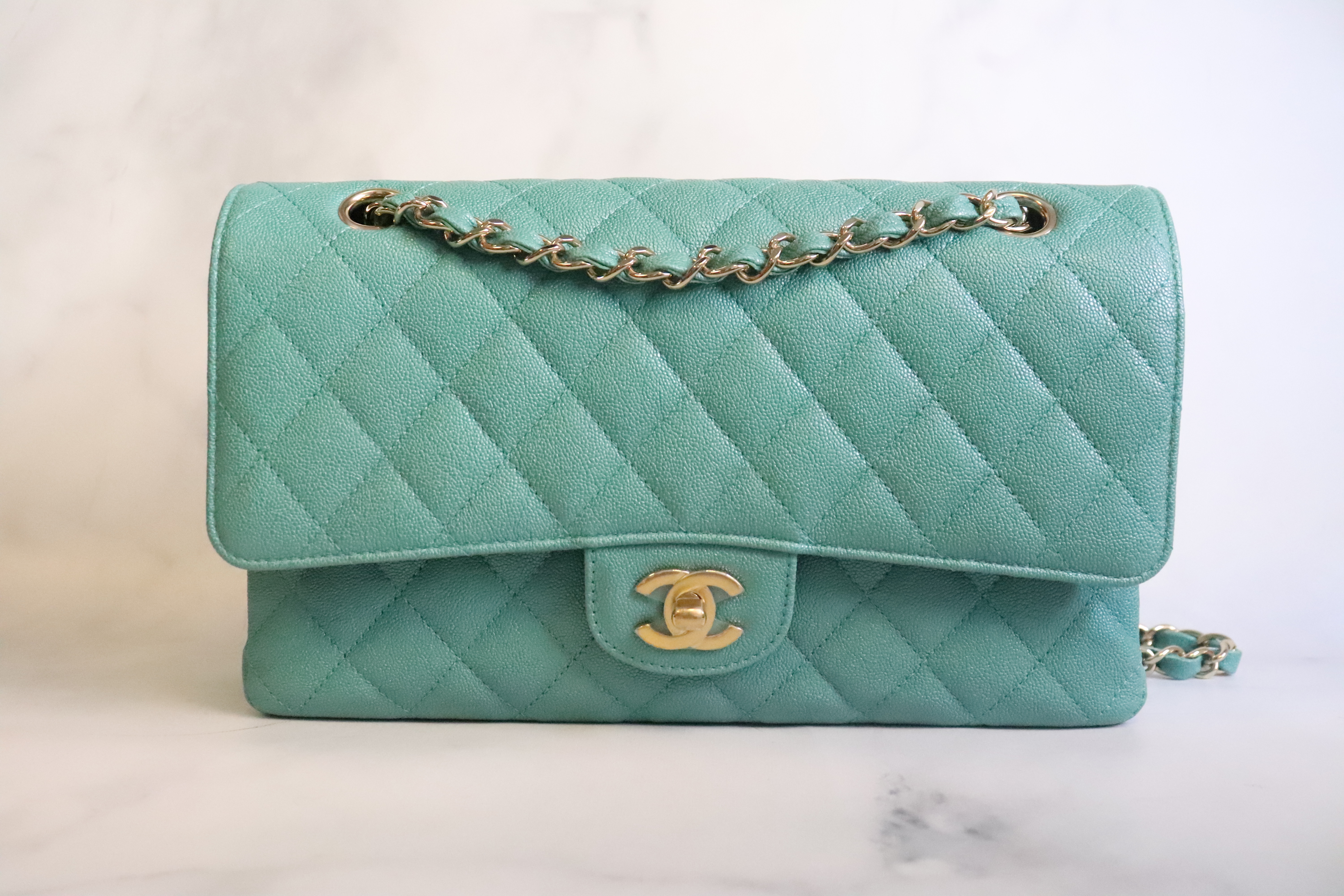 Chanel Classic Medium Double Flap, 19S Turquoise Green Iridescent