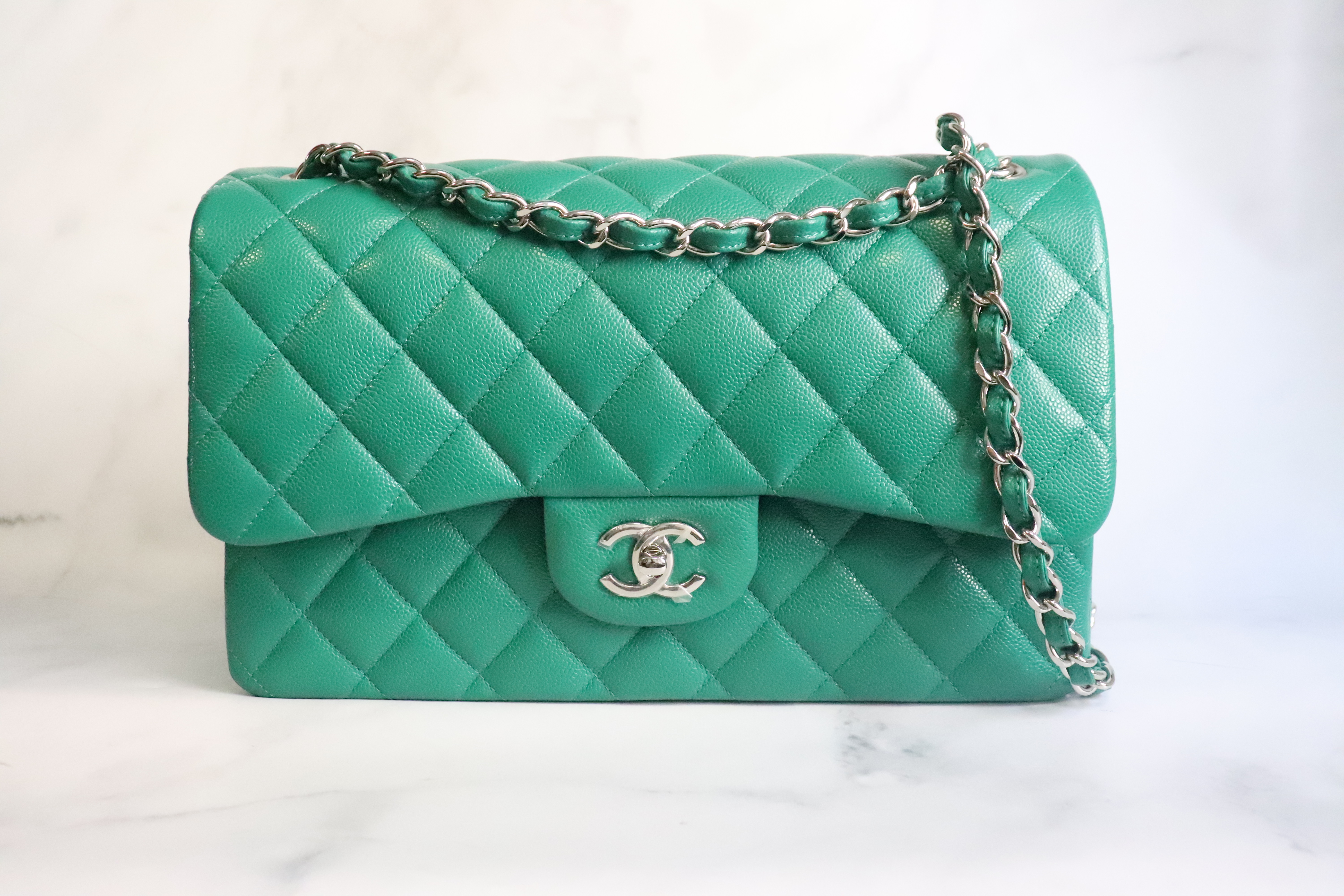 Chanel Classic Jumbo Double Flap, Green Caviar Leather, Silver Hardware,  Preowned in Box (No Dustbag)